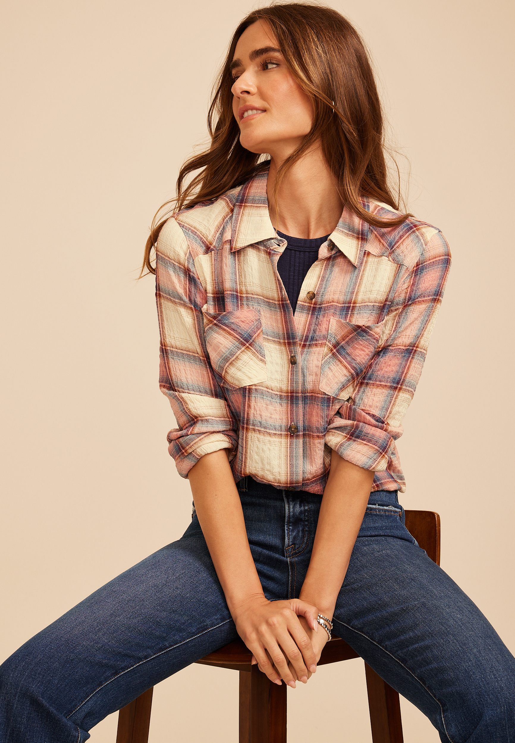 Pucker Plaid Button Down Shirt