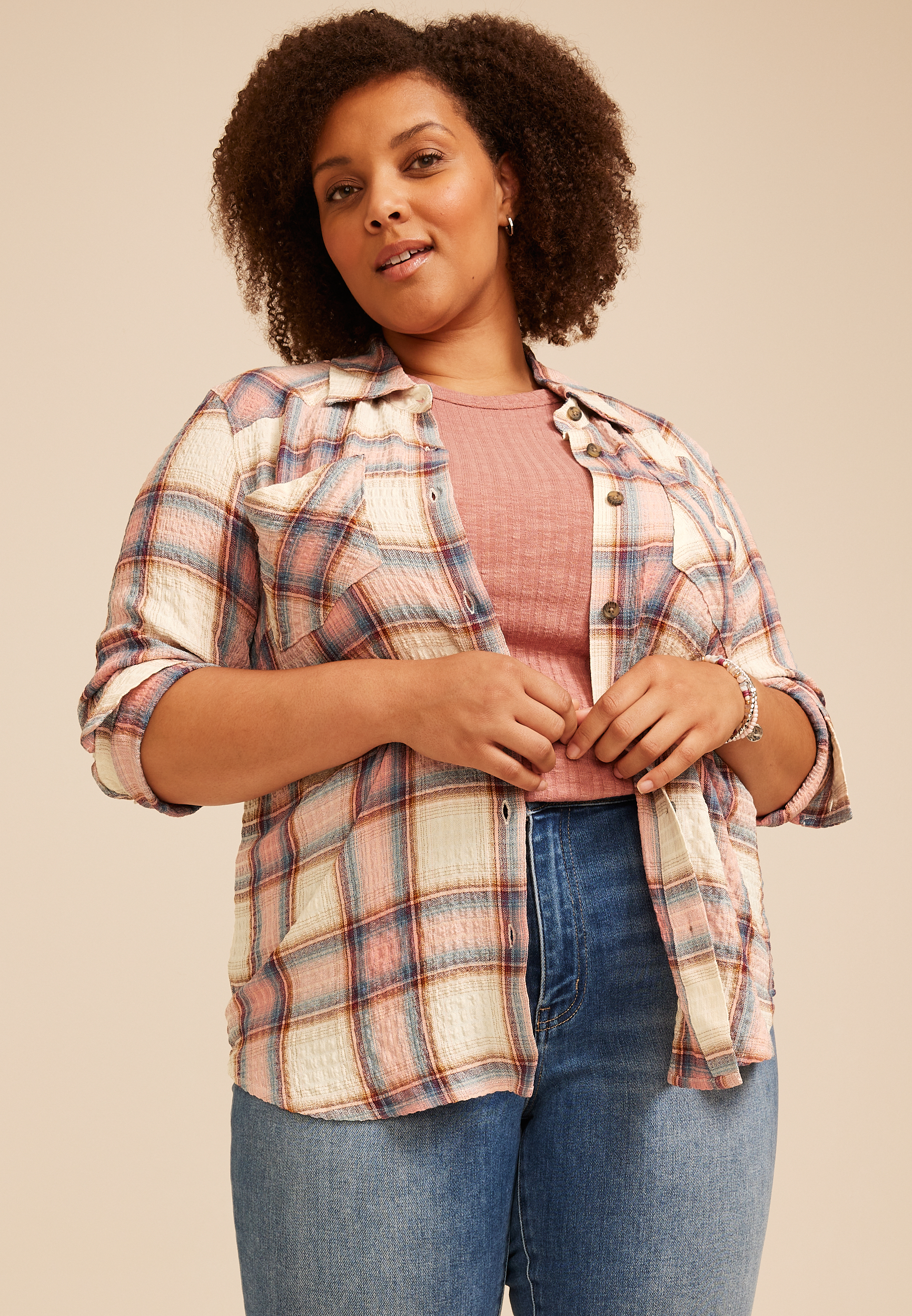 Plus Size Pucker Plaid Button Down Shirt