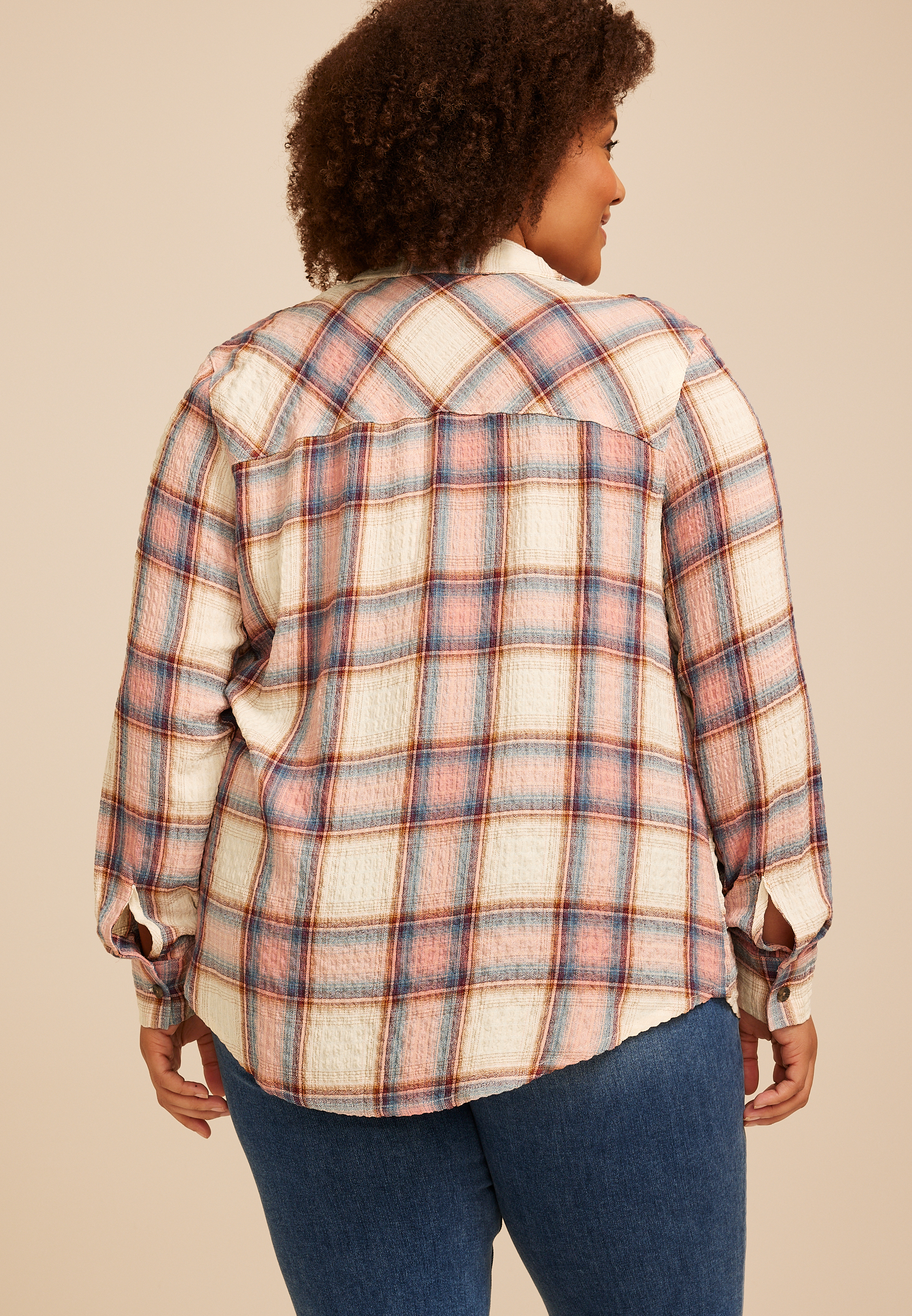 Plus Size Pucker Plaid Button Down Shirt, C1524, large