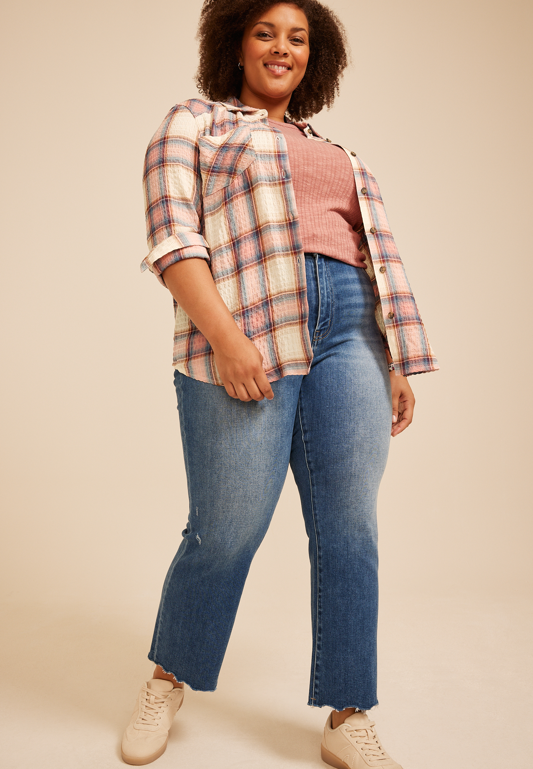 Plus Size Pucker Plaid Button Down Shirt, C1524, large