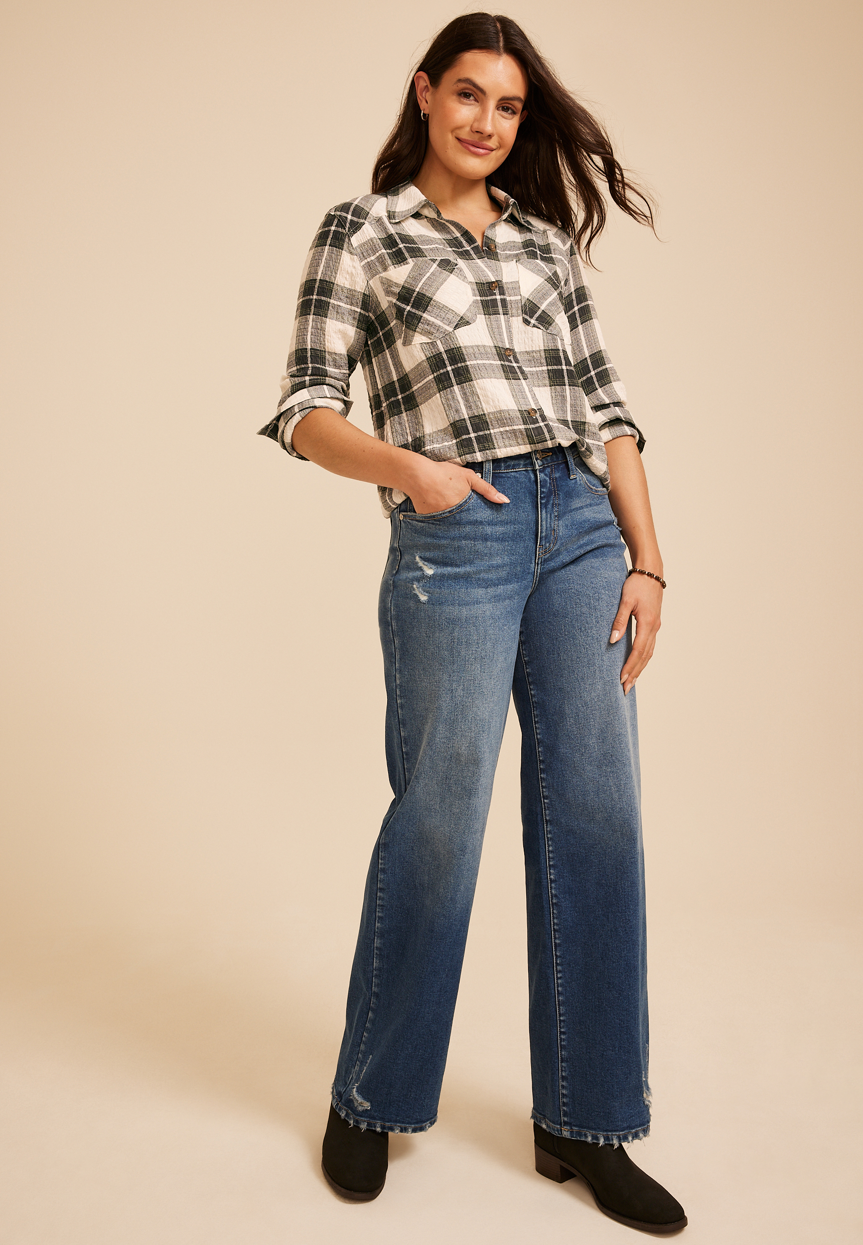 Pucker Plaid Button Down Shirt, C1318, large