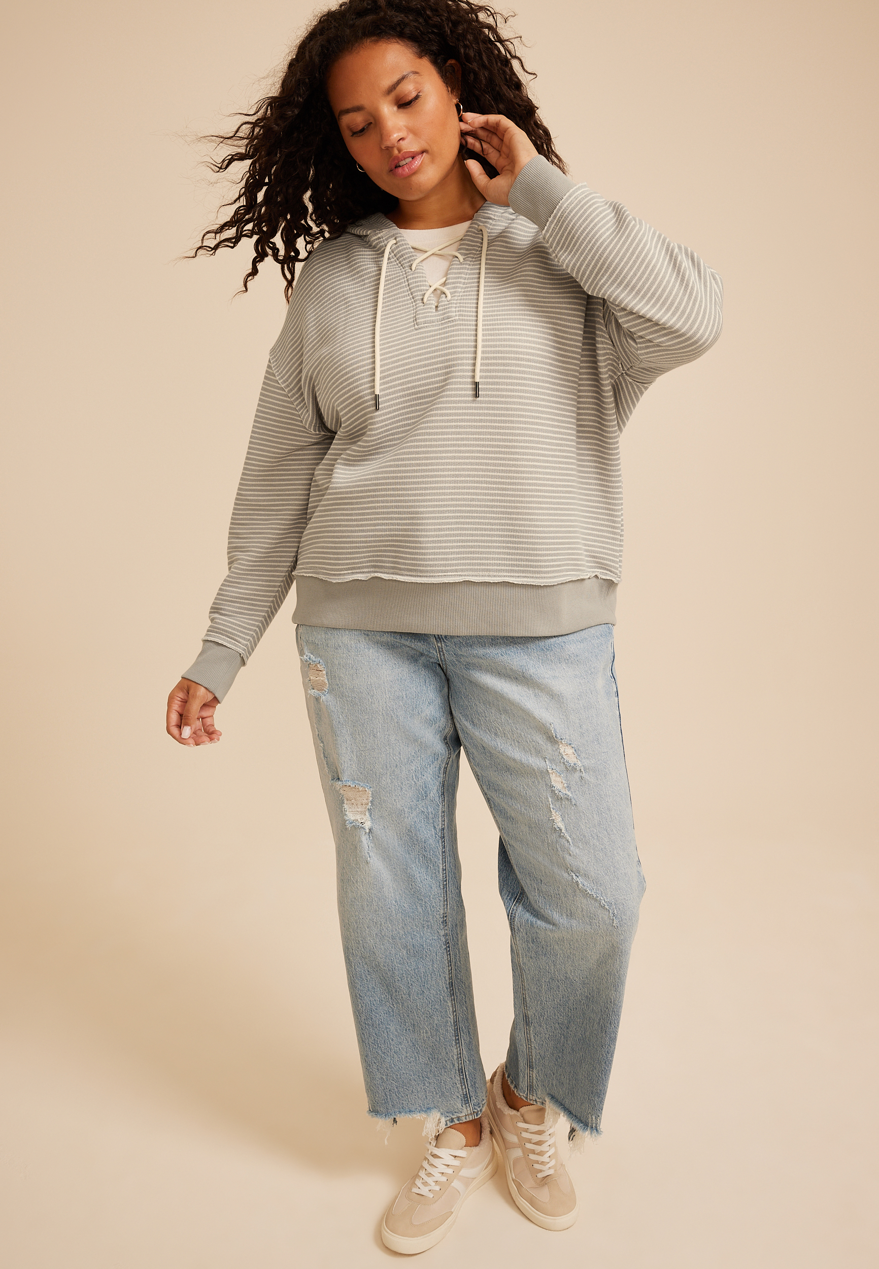 Plus Size Stripe Lace Up Tunic Hoodie, C9767, large