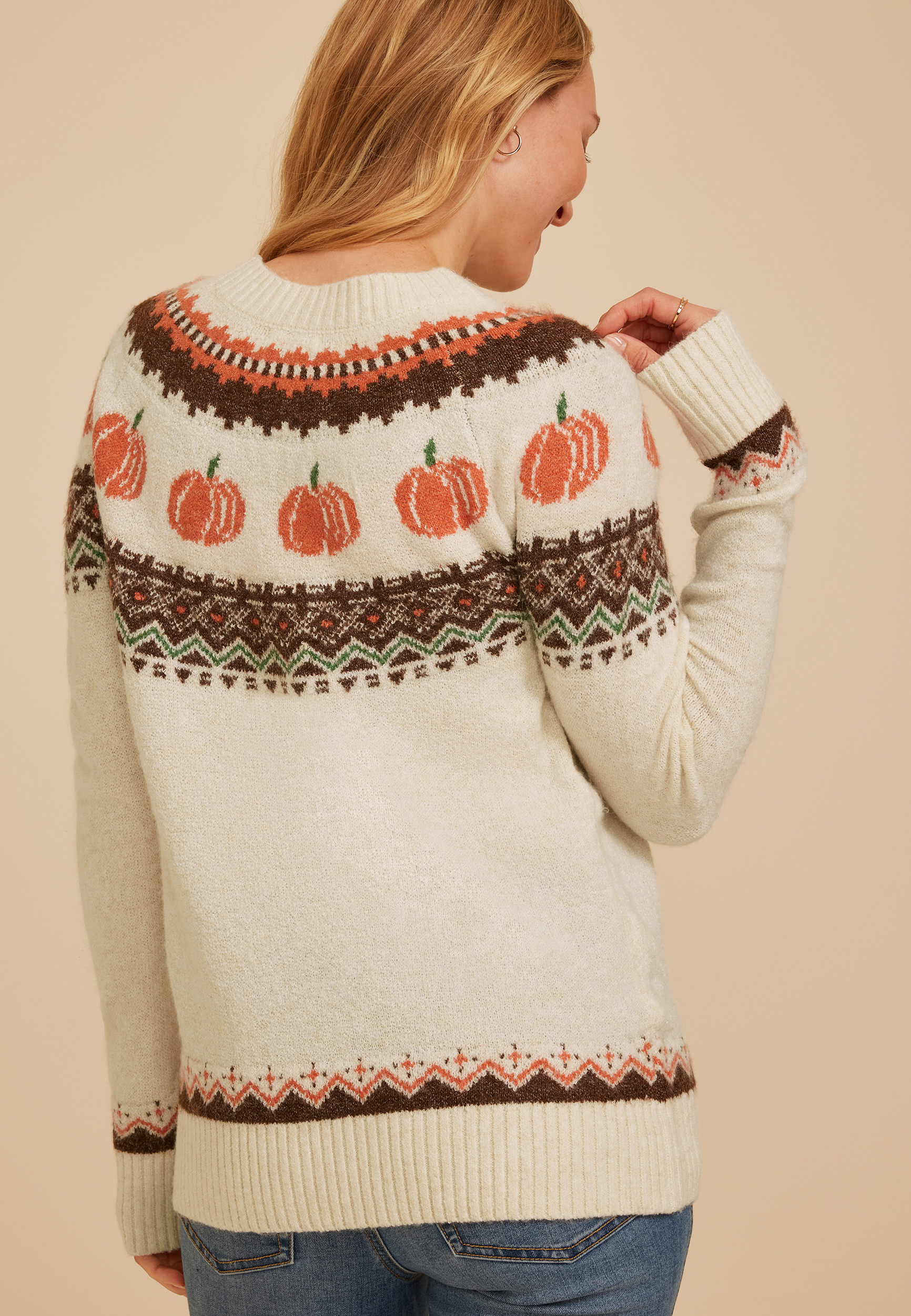 Pumpkin Fair Isle Pullover Sweater, C1008, large