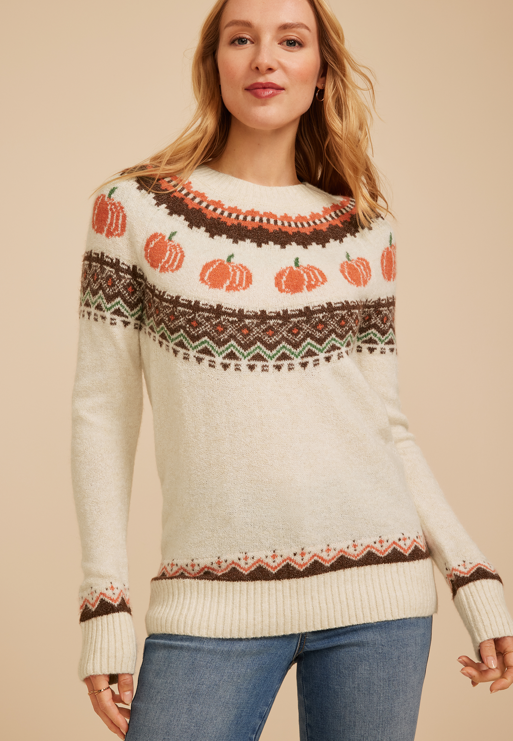 Pumpkin Fair Isle Pullover Sweater, C1008, large