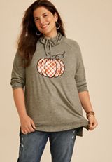 Plus Size Haven Plaid Pumpkin Cowl Neck Top, C3145, small