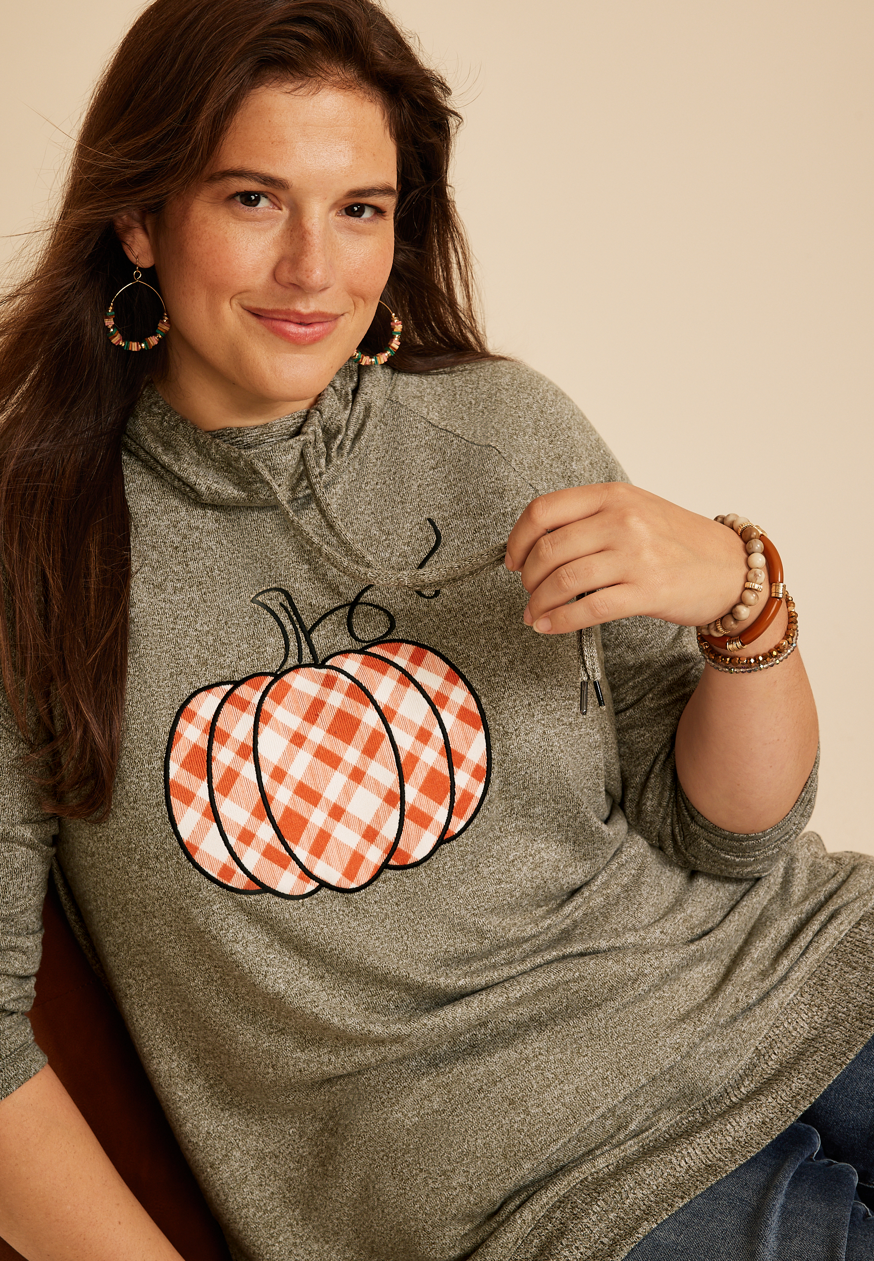 Plus Size Haven Plaid Pumpkin Cowl Neck Top, C3145, large