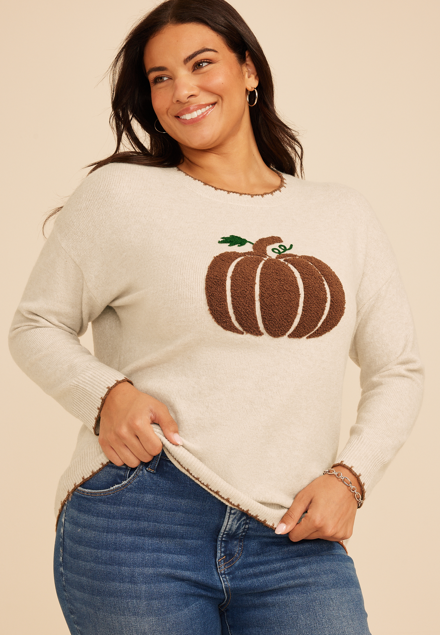 Plus Size Sherpa Pumpkin Whipstitch Crew Neck Sweater