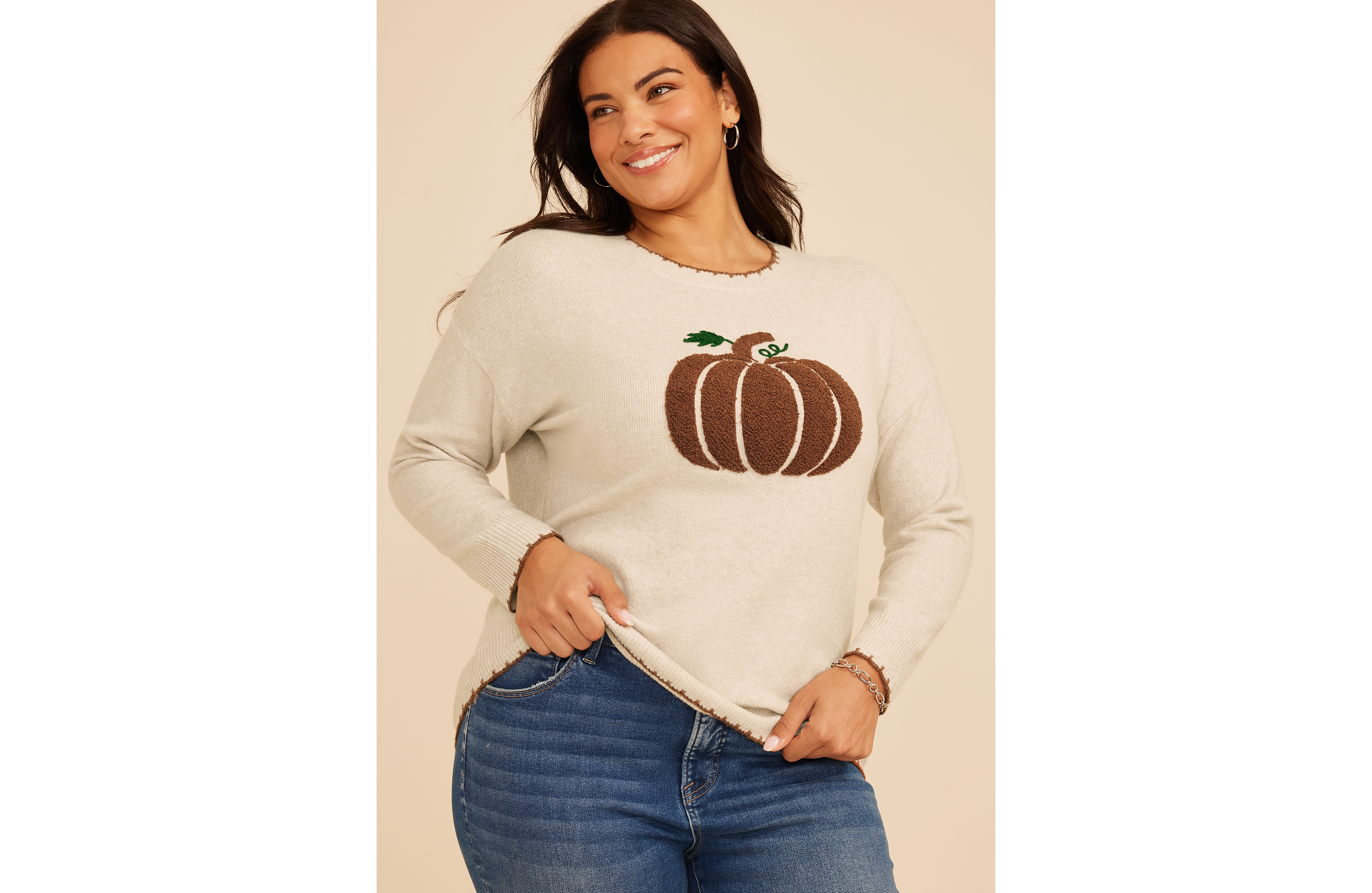 Plus Sherpa Pumpkin Whipstitch Crew Neck Sweater