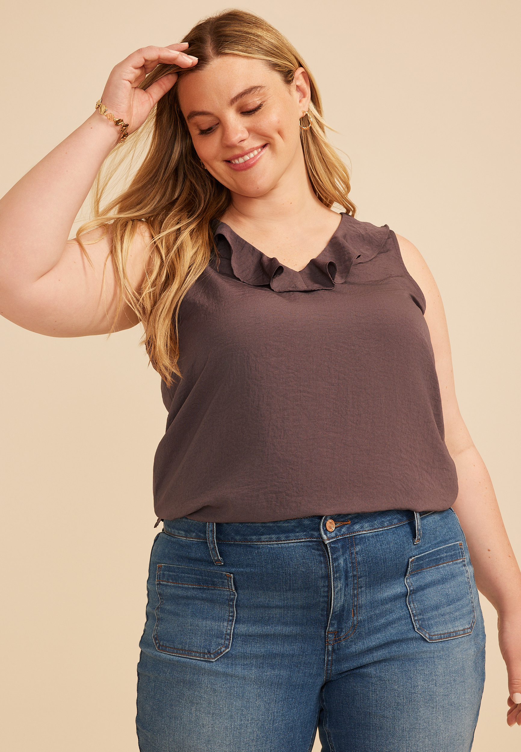 Plus Size Ruffle Trim V Neck Tank Top, C4045, large