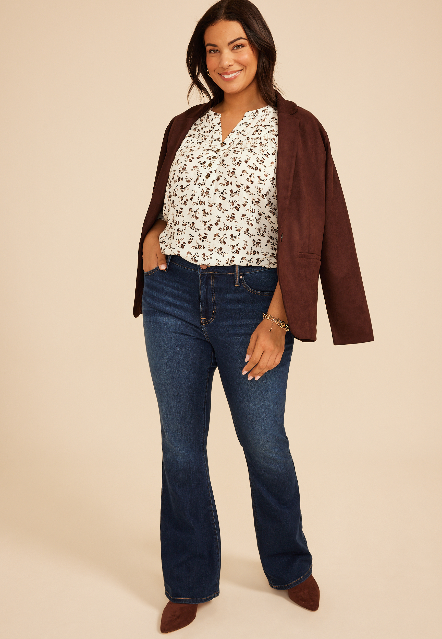 Plus Size Floral Henley Peasant Blouse, C1635, large