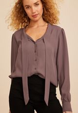 Tie Front Long Sleeve Blouse, C4045, small