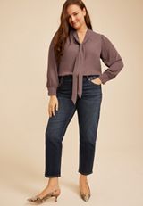 Plus Size Tie Front Long Sleeve Blouse, C4045, small