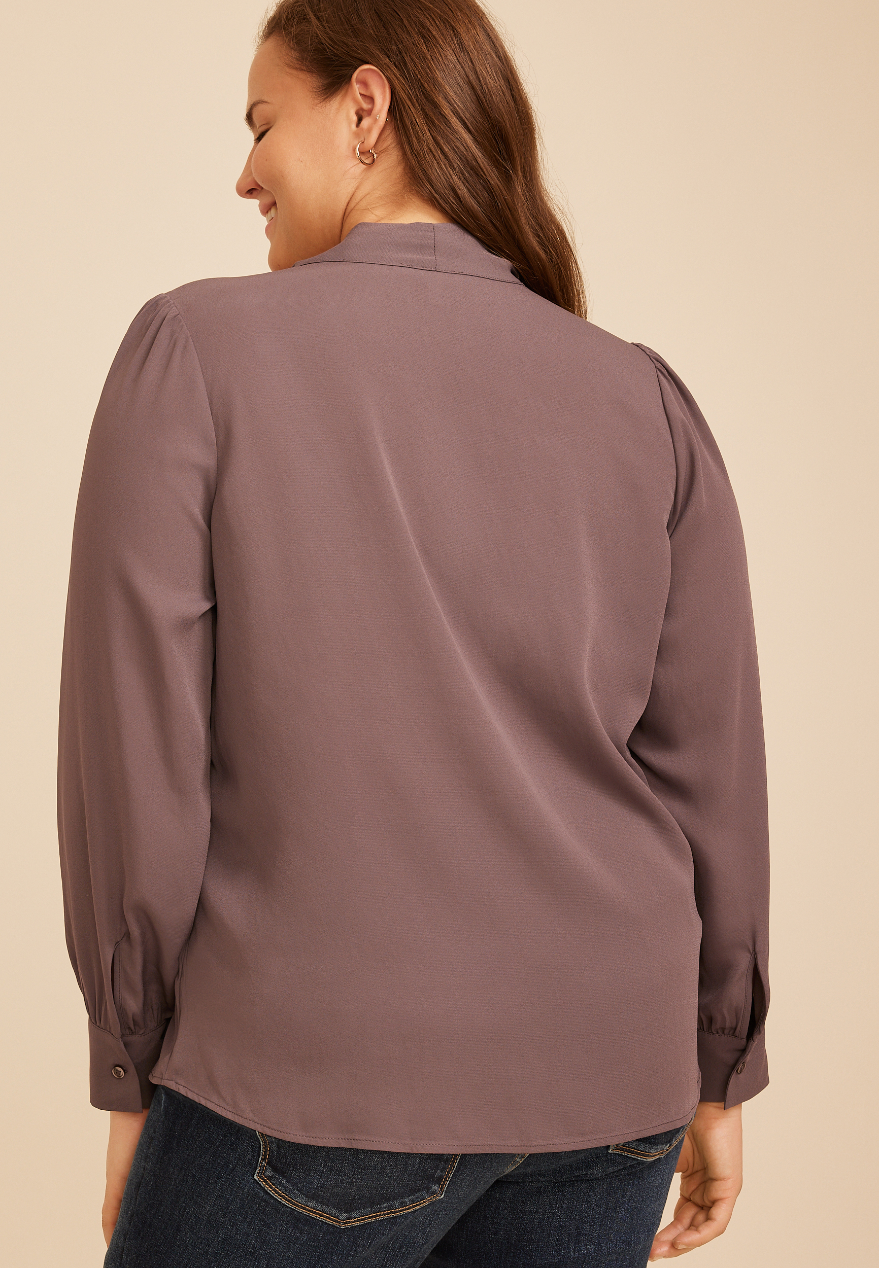 Plus Size Tie Front Long Sleeve Blouse, C4045, large