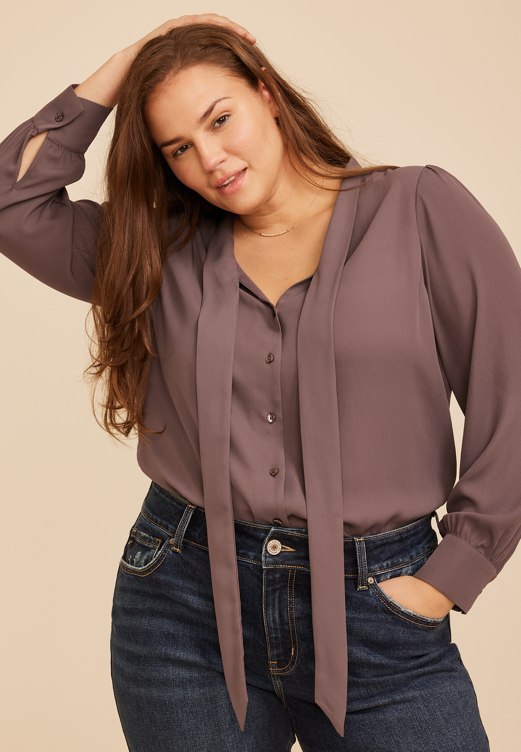 Plus Size Tie Front Long Sleeve Blouse, C4045, large