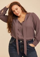 Plus Size Tie Front Long Sleeve Blouse, C4045, small