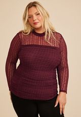 Plus Size Studio Y Lace Ruched Mock Neck Top, C7923, small