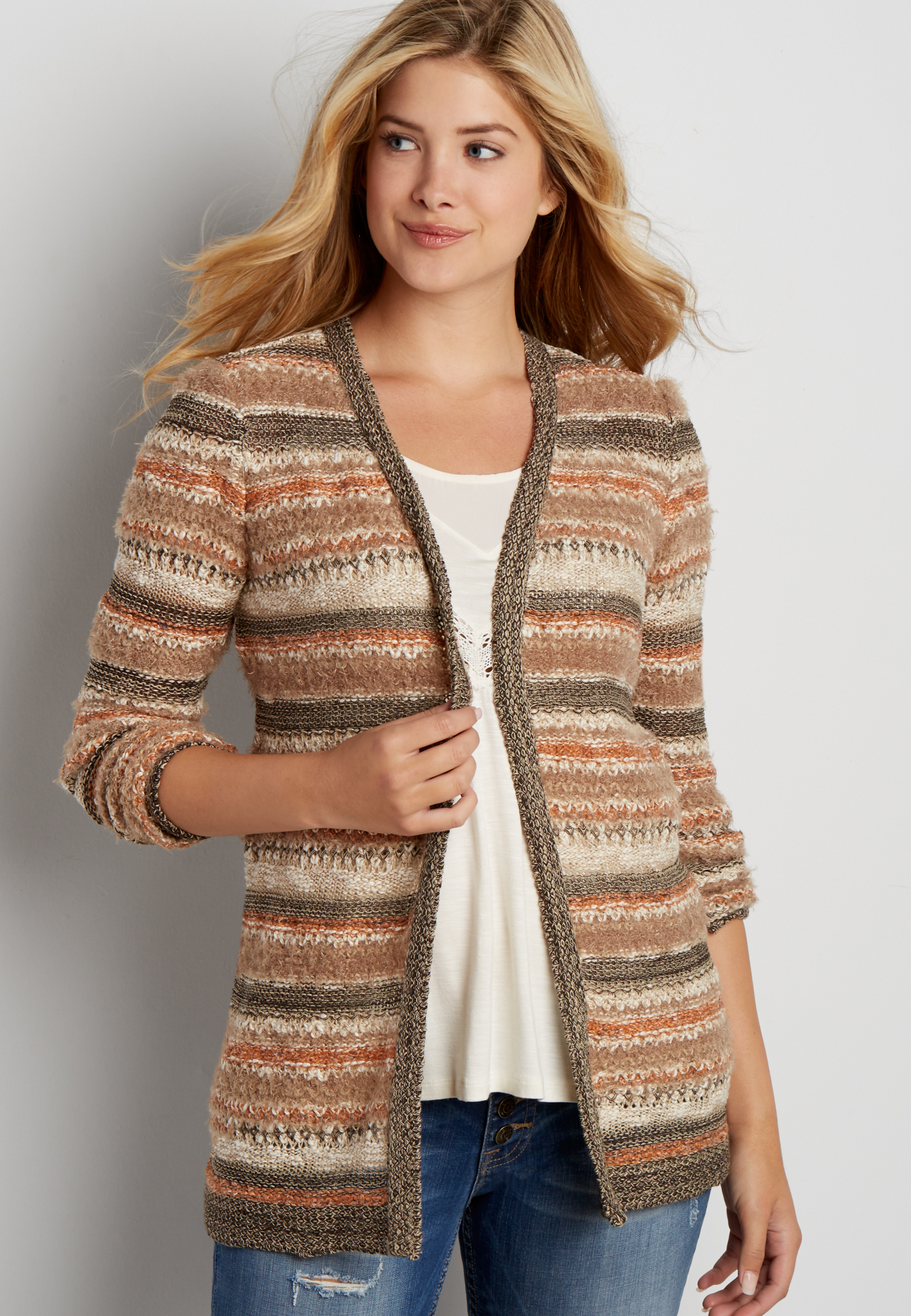 marled cardigan with textured stripes | maurices
