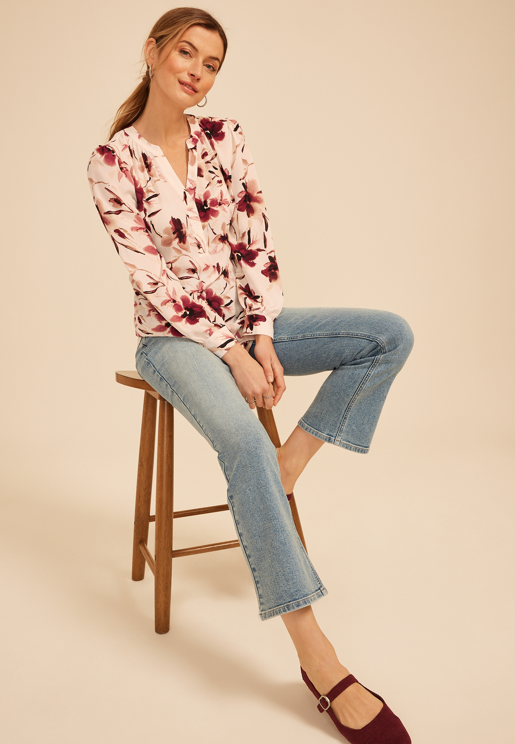 Floral Split V Neck Blouse, C1677, large