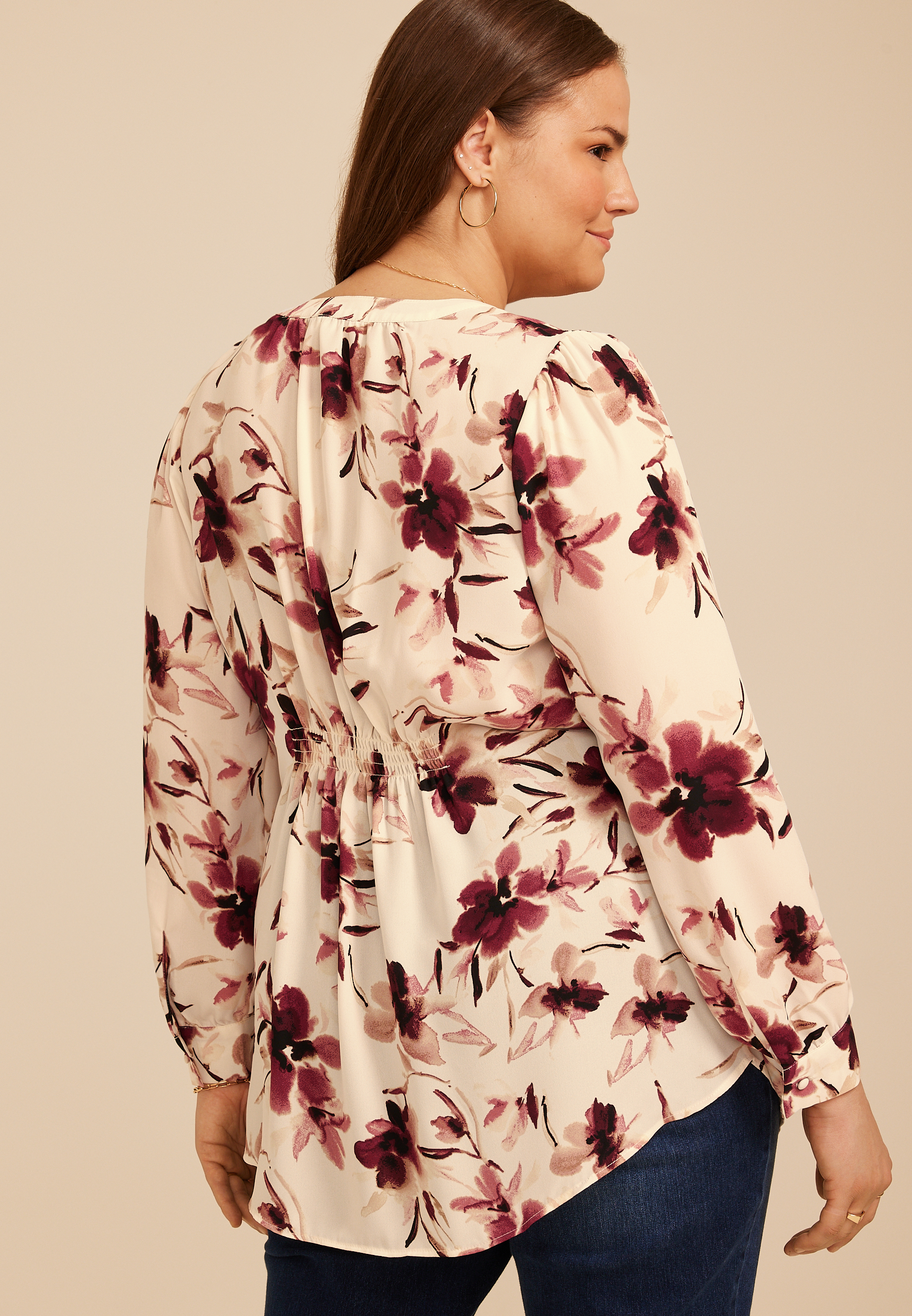 Plus Size Floral Split V Neck Blouse, C1677, large