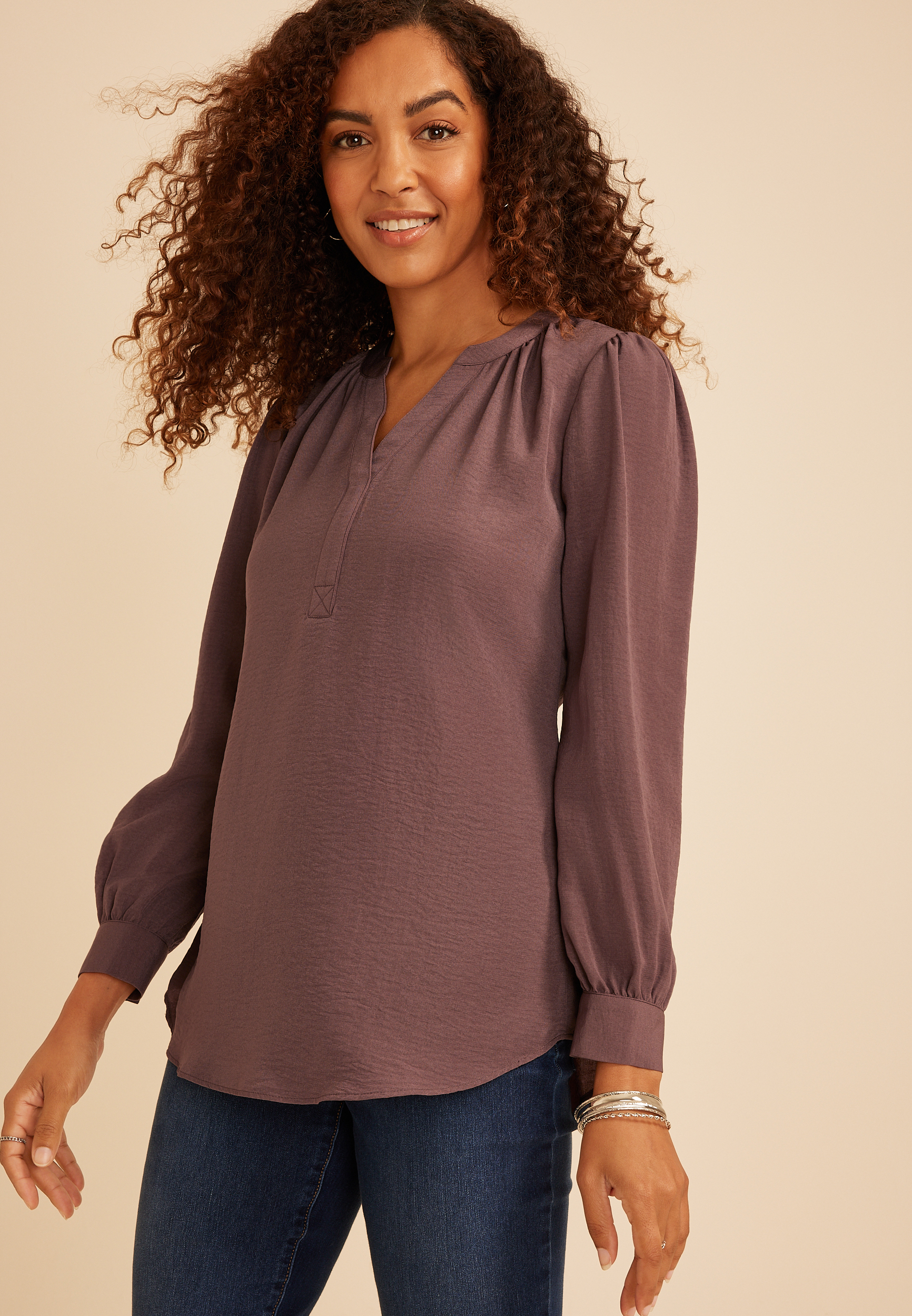 Split Neck Cinched Back Blouse