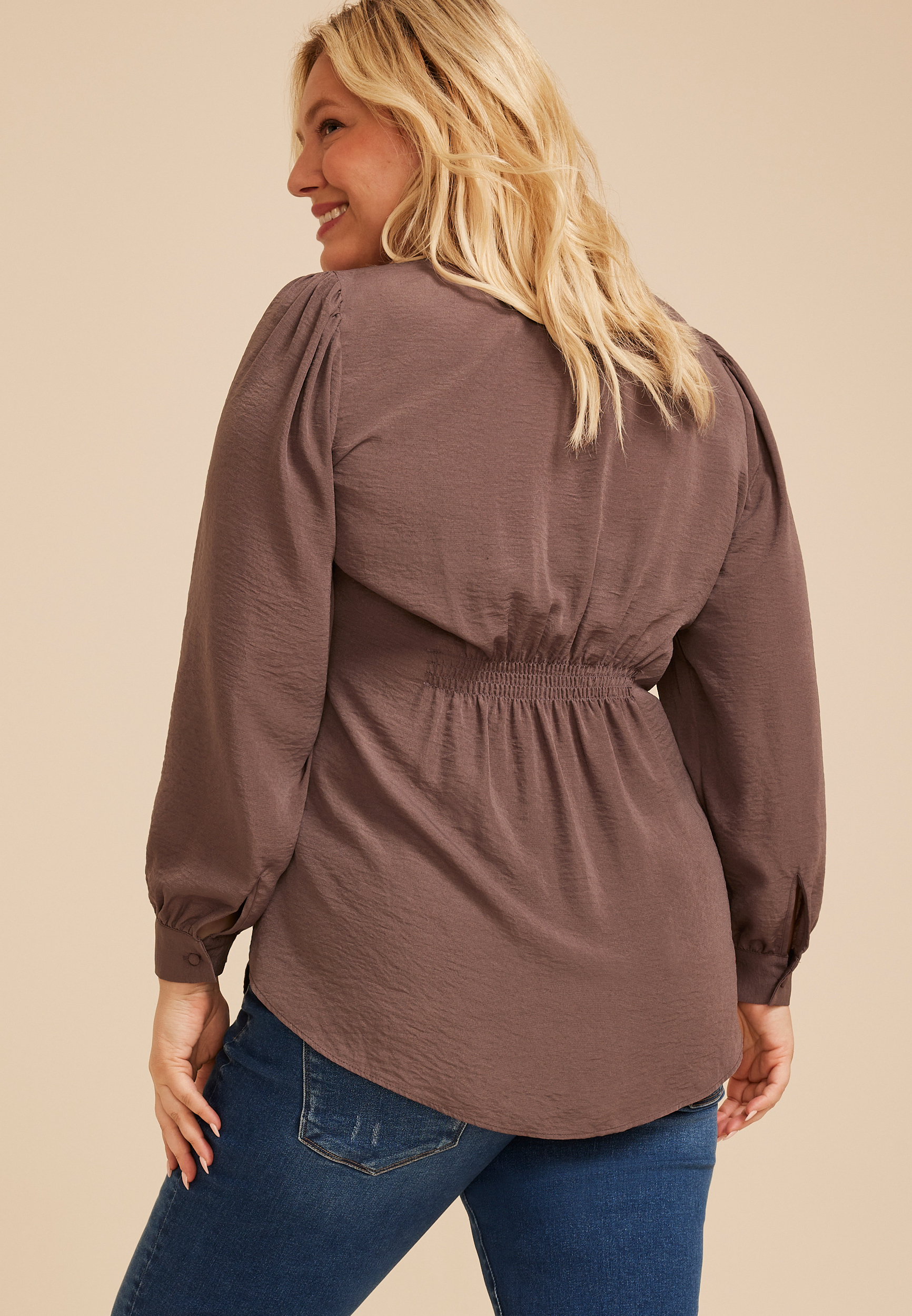 Plus Size Split Neck Cinched Back Blouse, C4045, large
