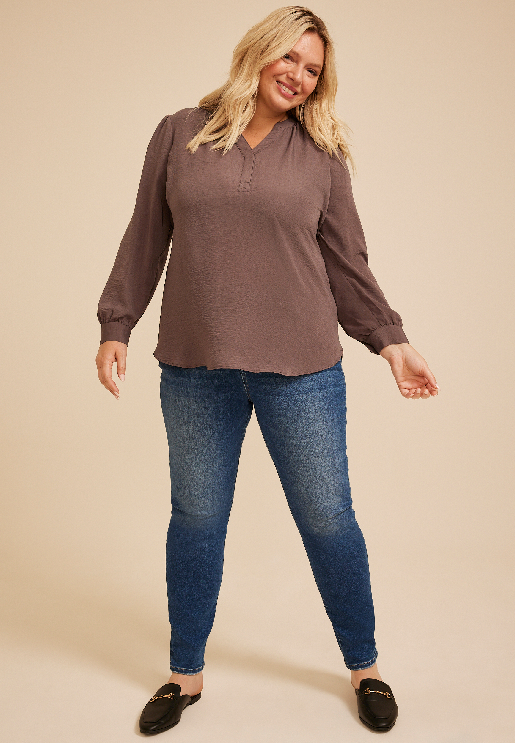 Plus Size Split Neck Cinched Back Blouse, C4045, large