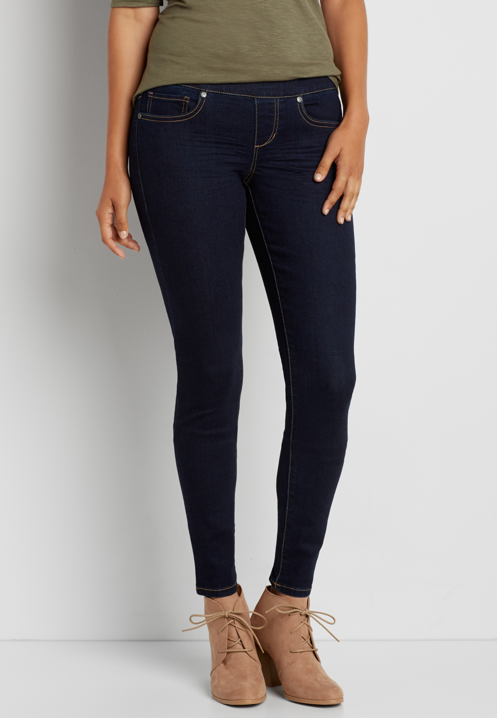 DenimFlex™ pull on jegging in dark wash with goldtone stitching | maurices