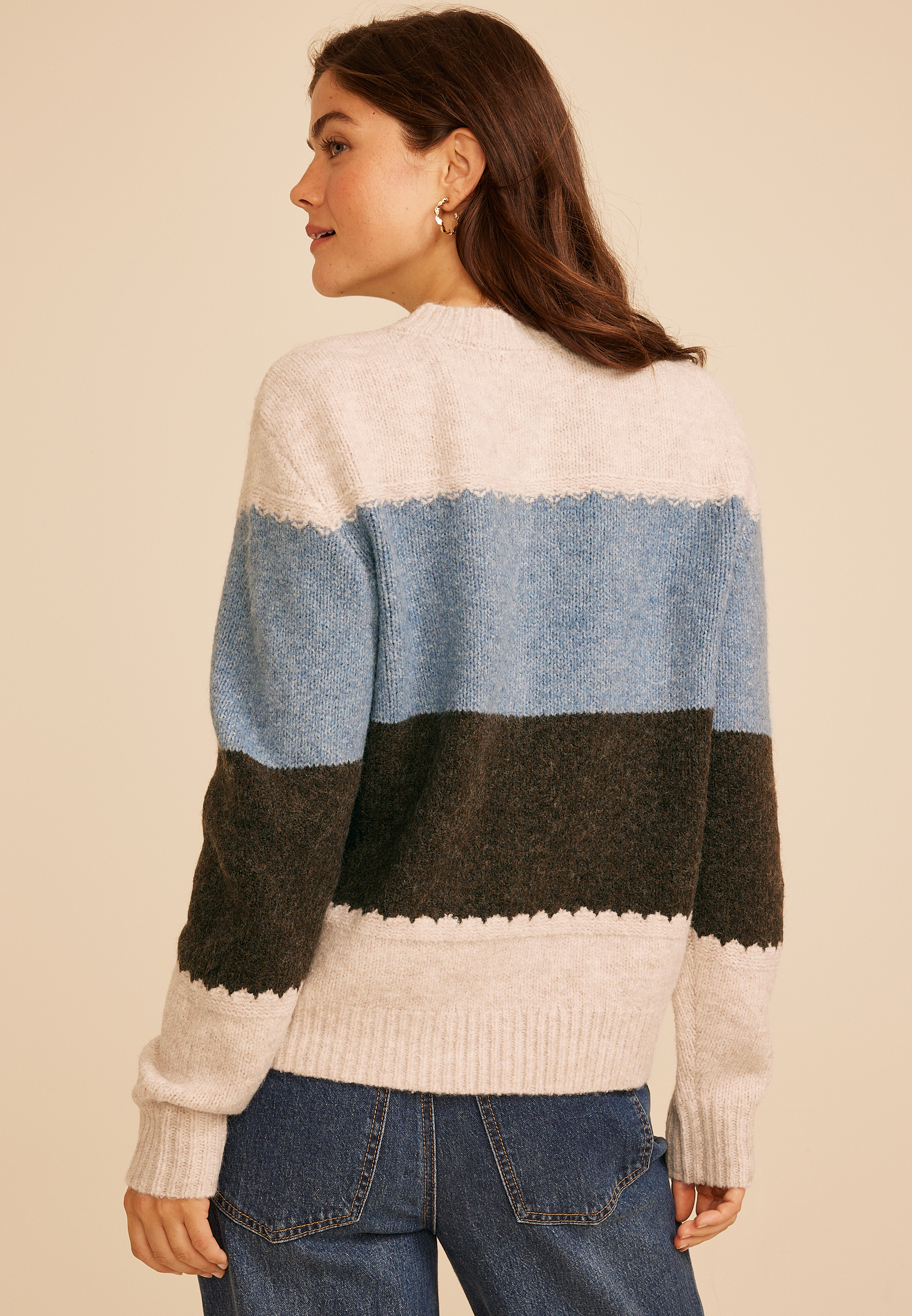 Colorblock Crew Neck Button Front Cardigan, C3681, large