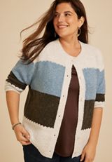 Plus Size Colorblock Crew Neck Button Front Cardigan, C3681, small
