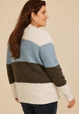 Plus Size Colorblock Crew Neck Button Front Cardigan, C3681, small