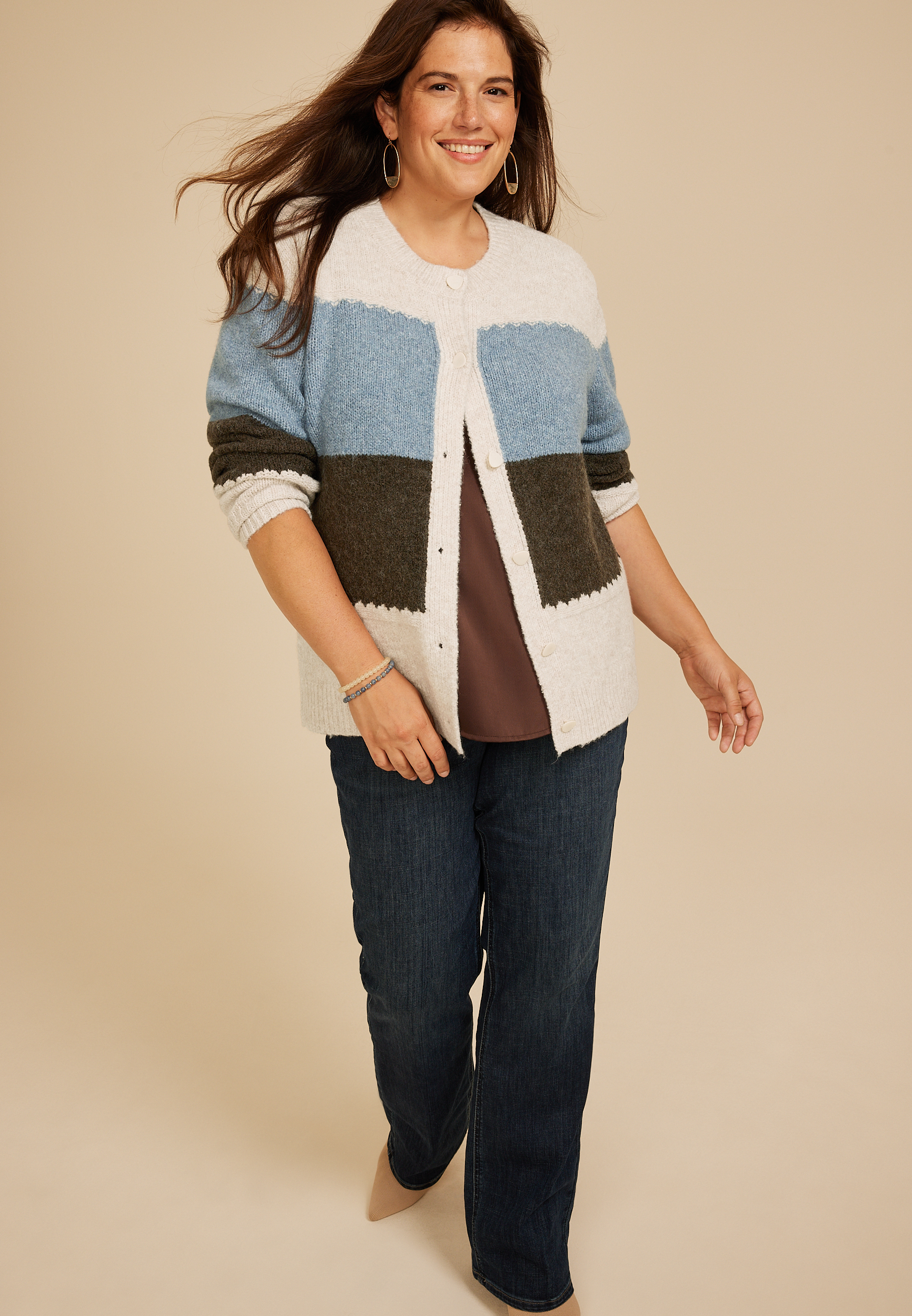 Plus Size Colorblock Crew Neck Button Front Cardigan, C3681, large