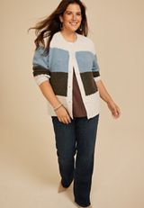 Plus Size Colorblock Crew Neck Button Front Cardigan, C3681, small