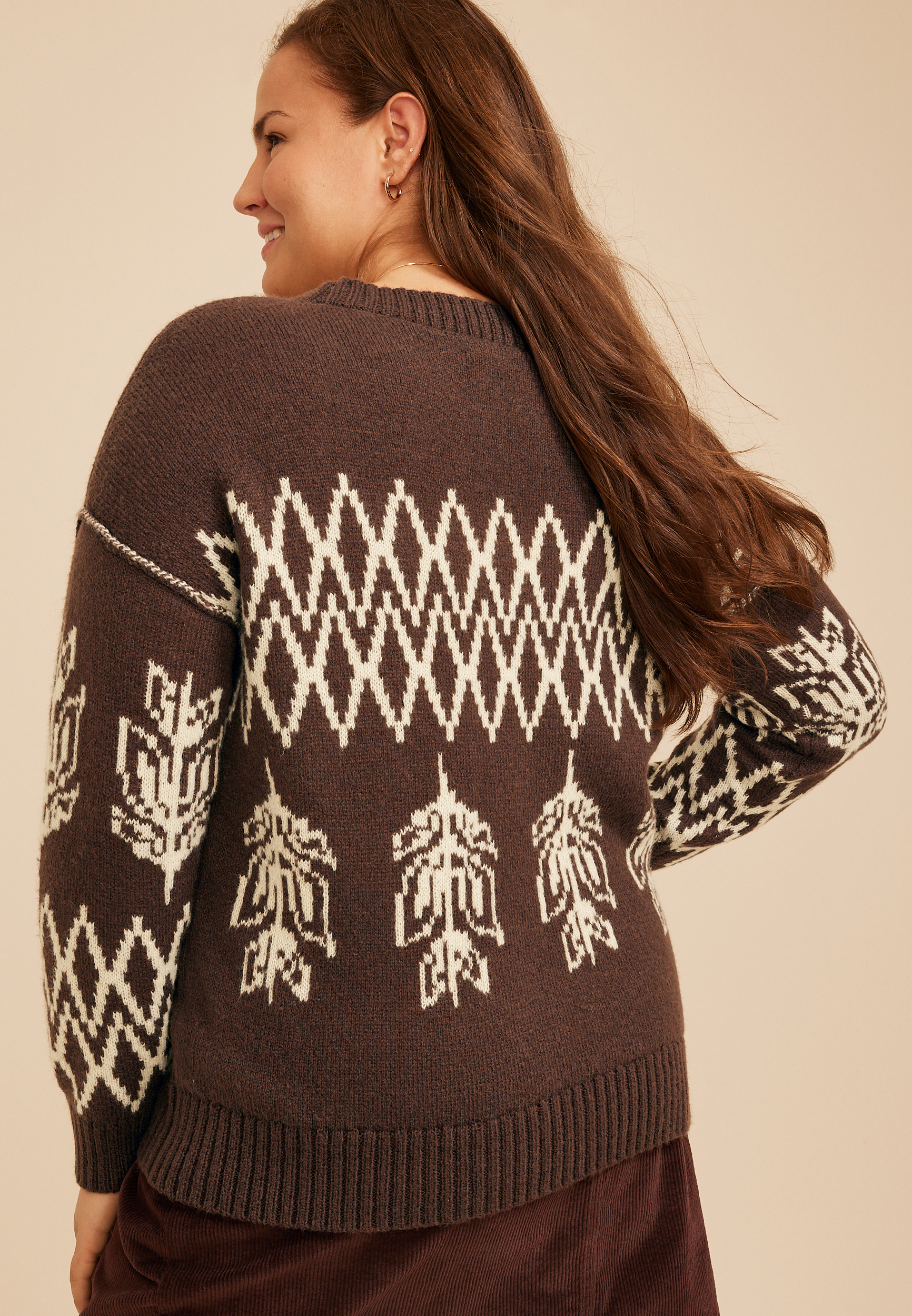 Plus Size Nordic Fair Isle Crew Neck Sweater, C5288, large