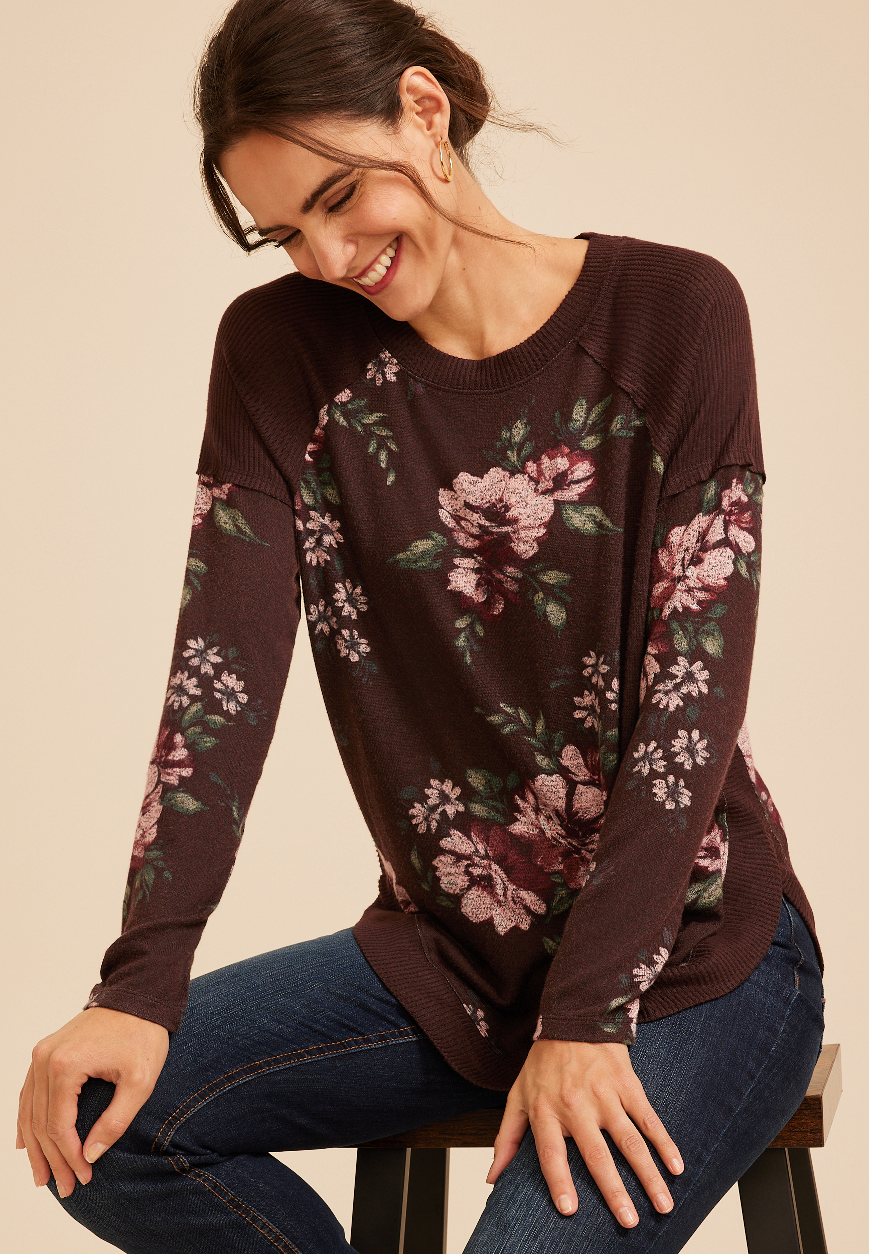 Haven Floral Ribbed Trim Hacci Tunic Top