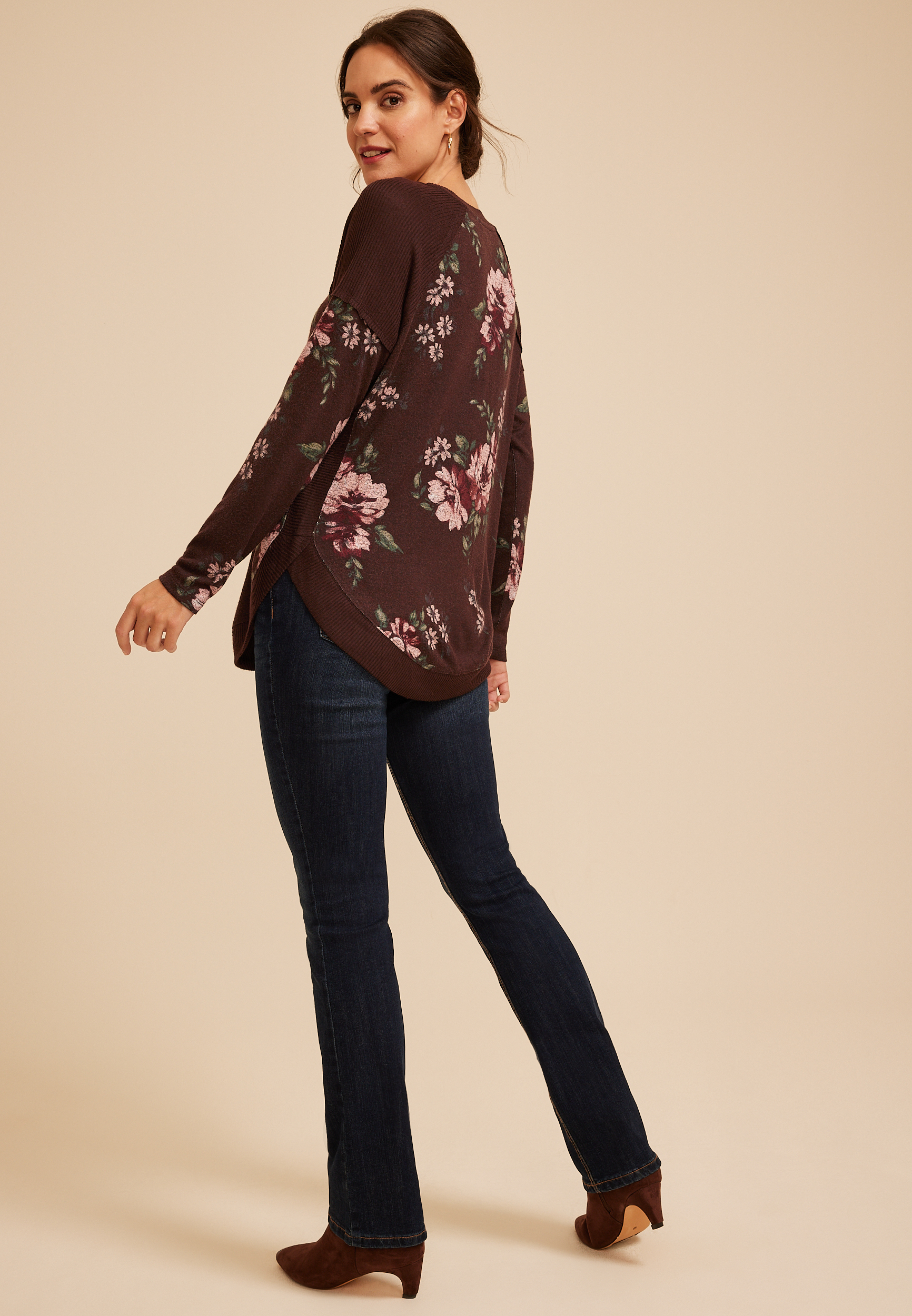 Haven Floral Ribbed Trim Hacci Tunic Top, C1635, large