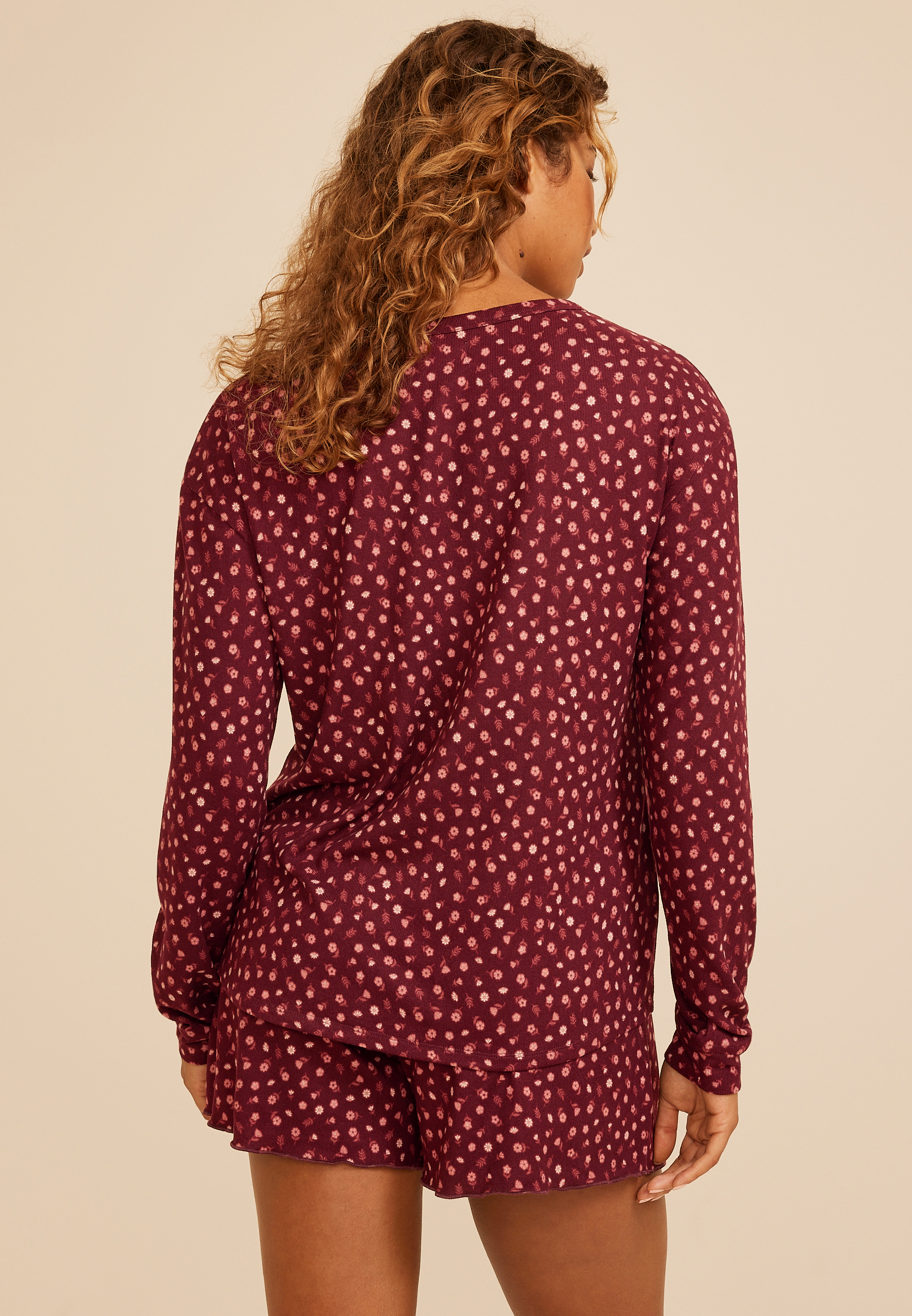 Floral Long Sleeve Top And Short Pajama Set, C9504, large
