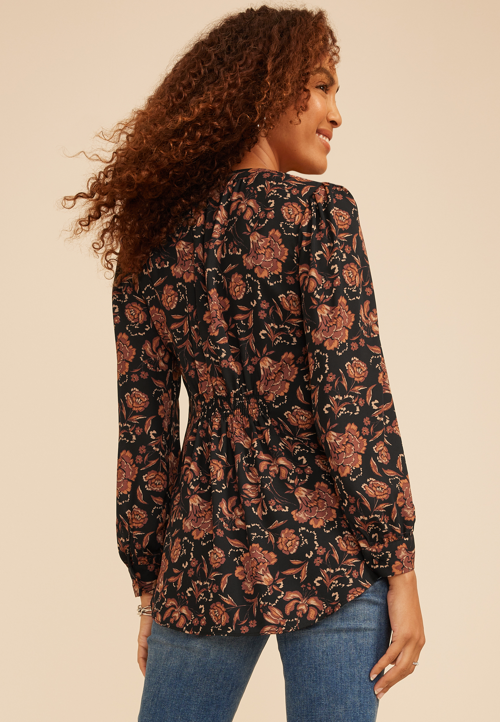 Floral Split V Neck Blouse, C8478, large
