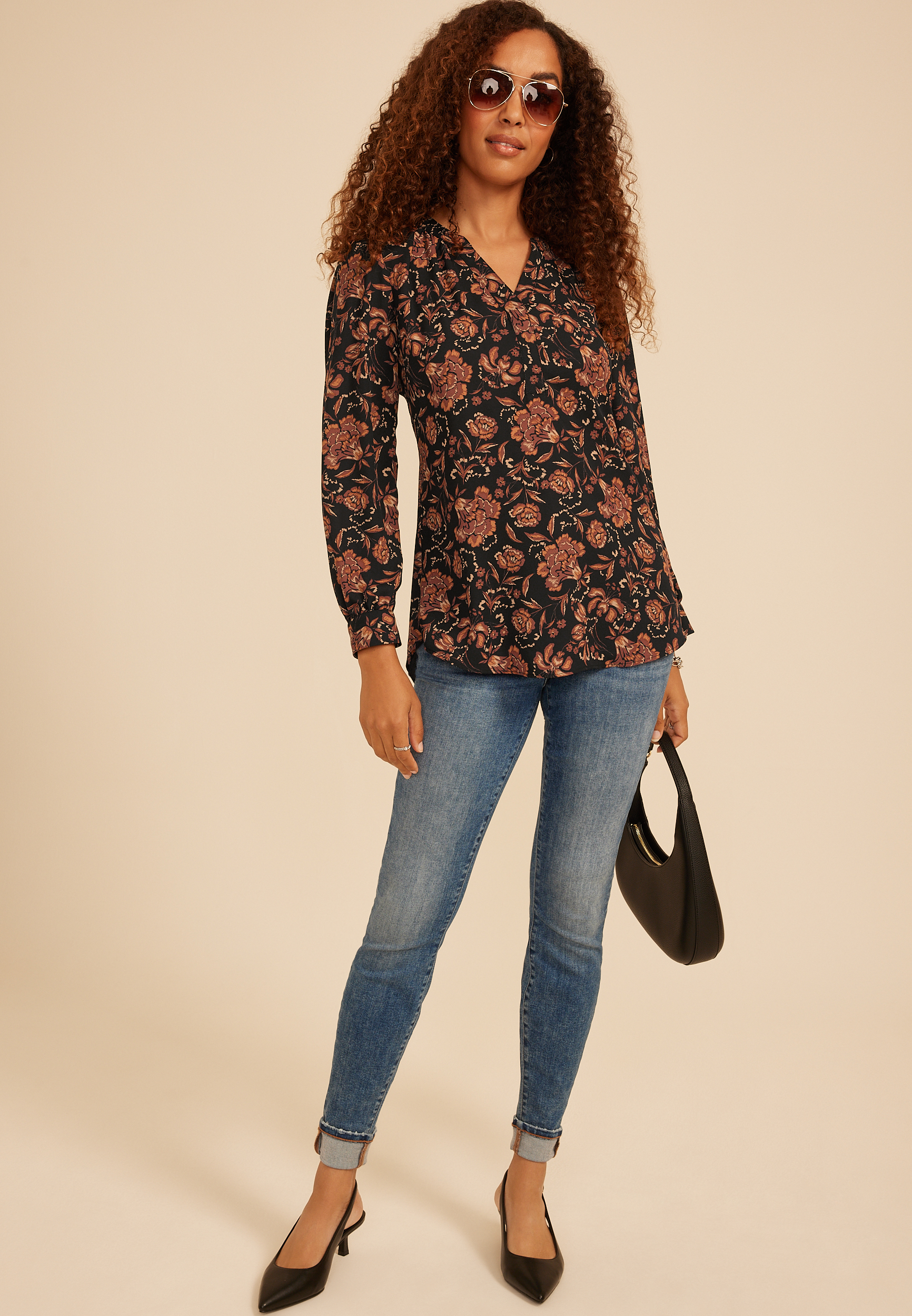 Floral Split V Neck Blouse, C8478, large