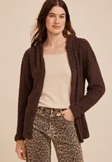 Cozy Hooded Open Front Cardigan, COFFEE BEAN, small