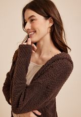 Cozy Hooded Open Front Cardigan, COFFEE BEAN, small