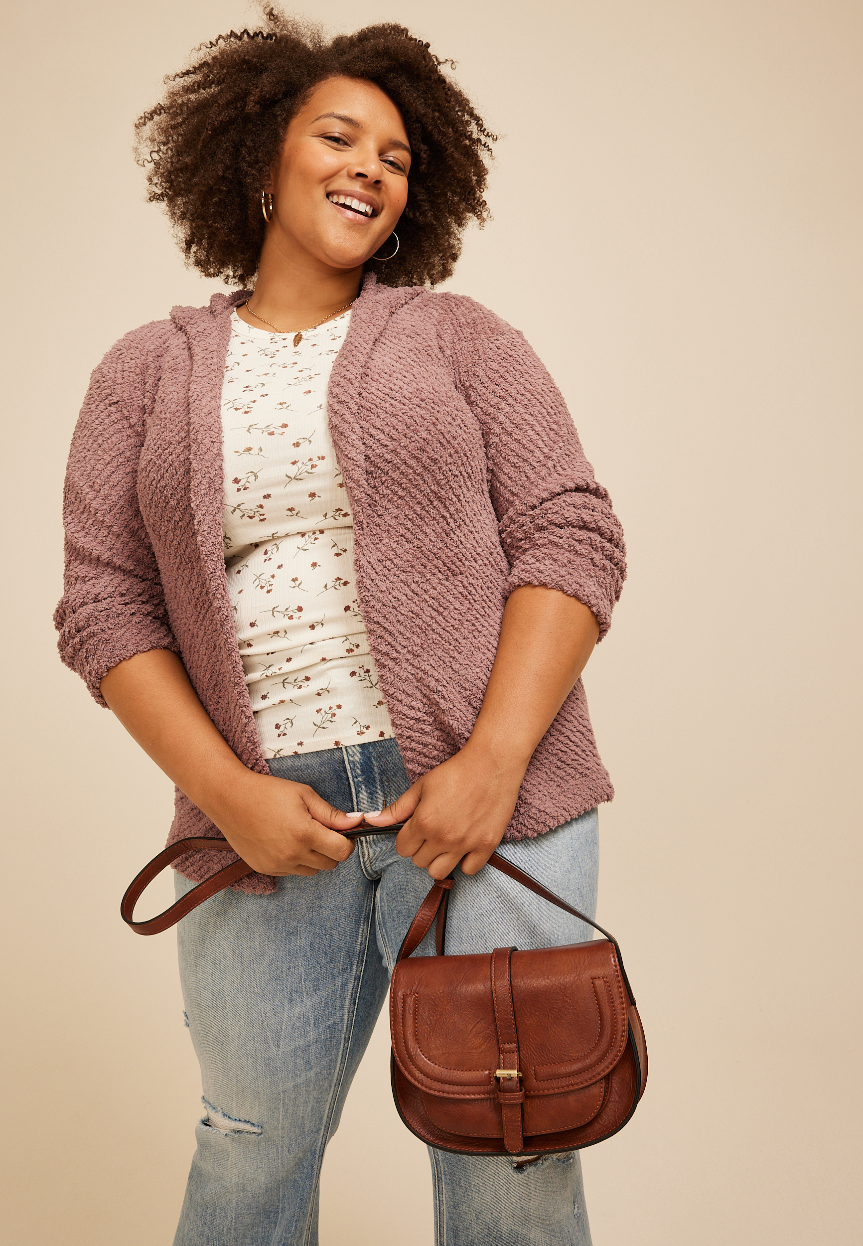 Plus Size Cozy Hooded Open Front Cardigan, C9247, large