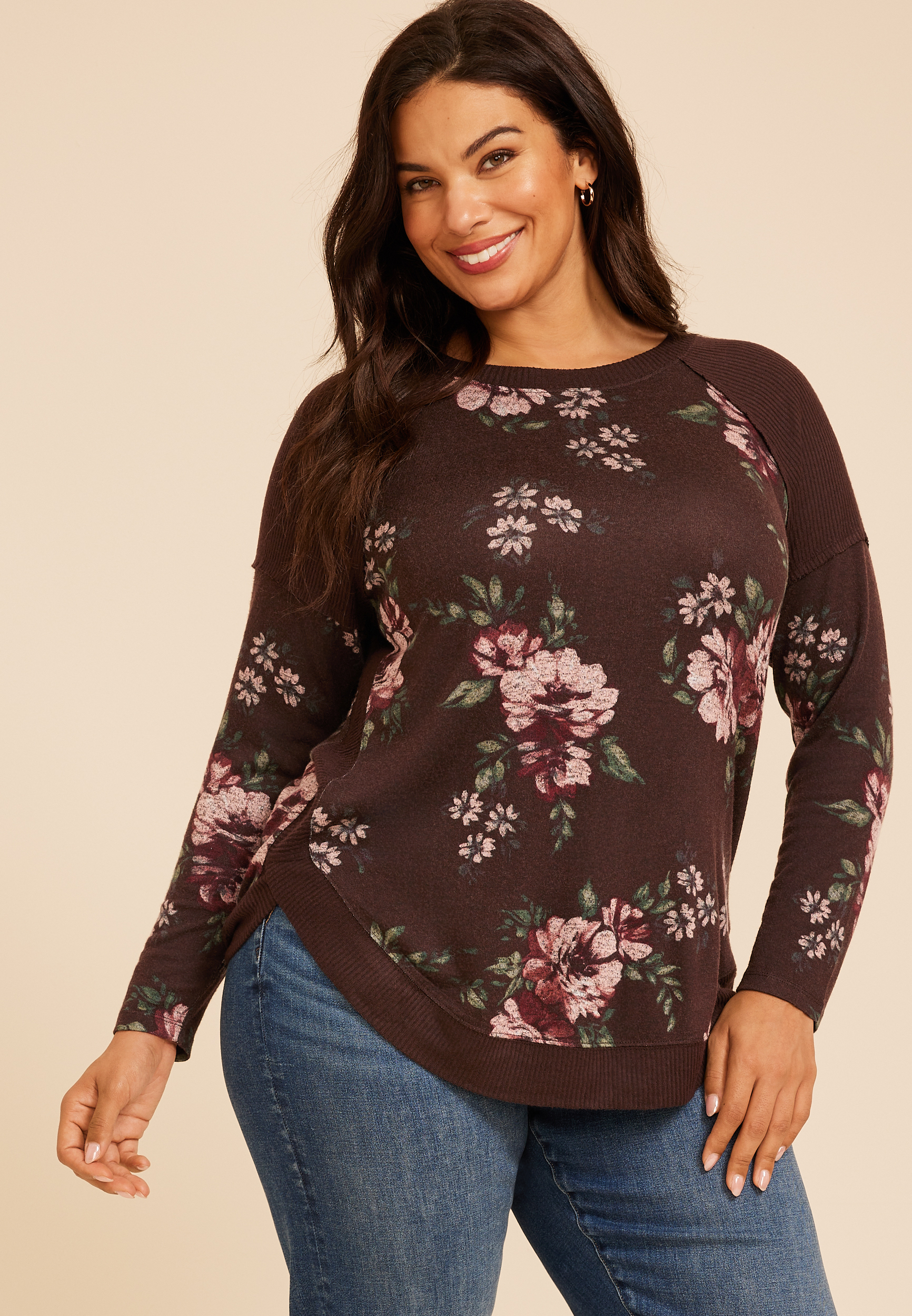 Plus Size Haven Floral Ribbed Trim Hacci Tunic Top