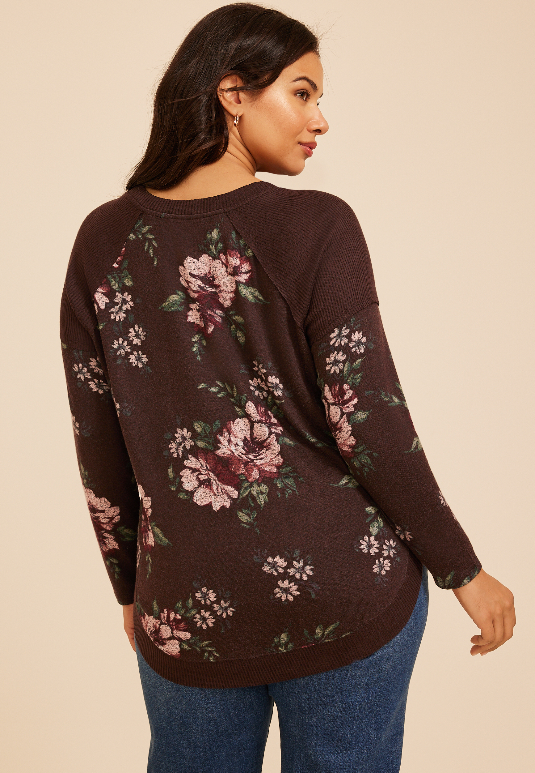 Plus Size Haven Floral Ribbed Trim Hacci Tunic, C1635, large