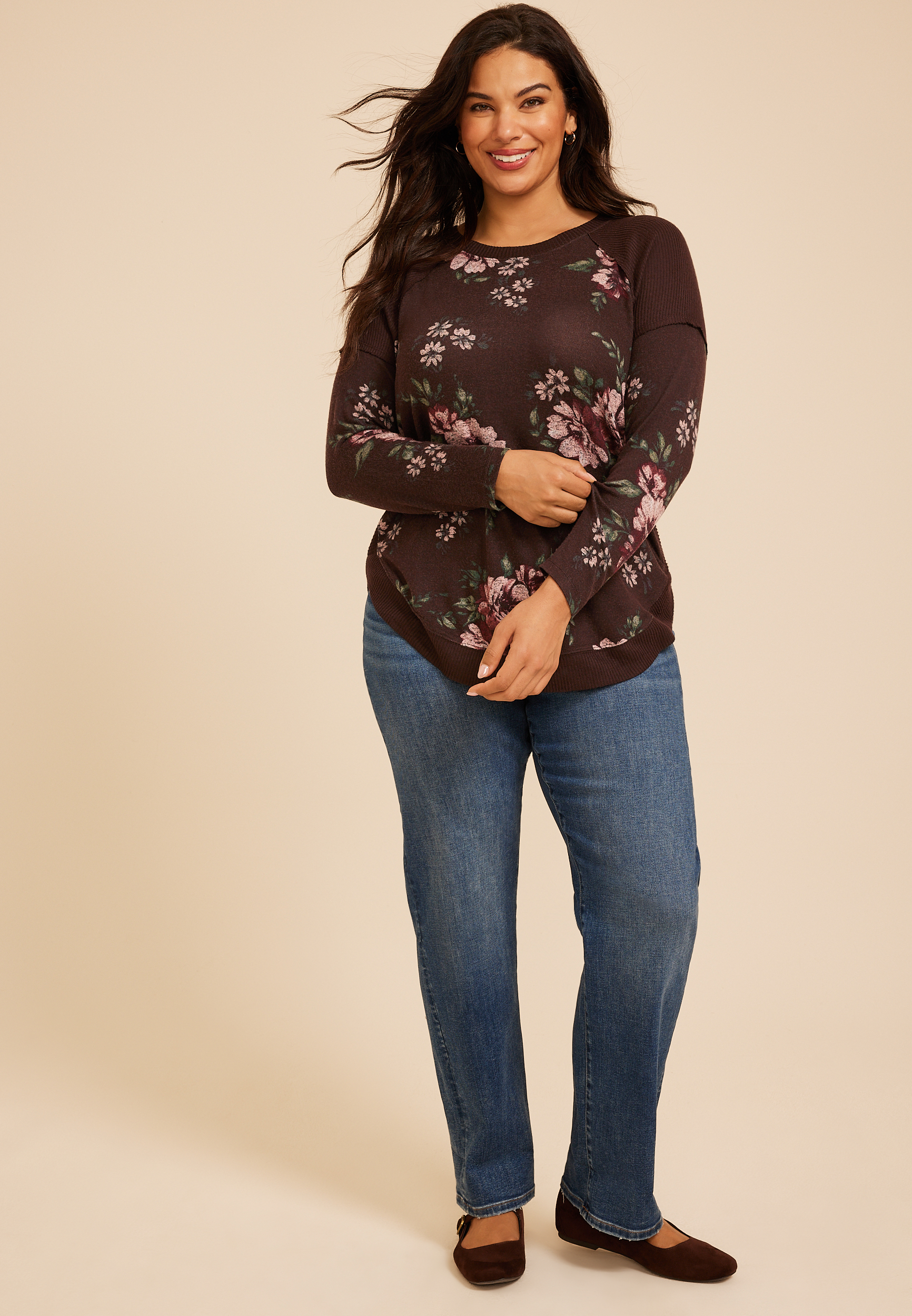 Plus Size Haven Floral Ribbed Trim Hacci Tunic, C1635, large