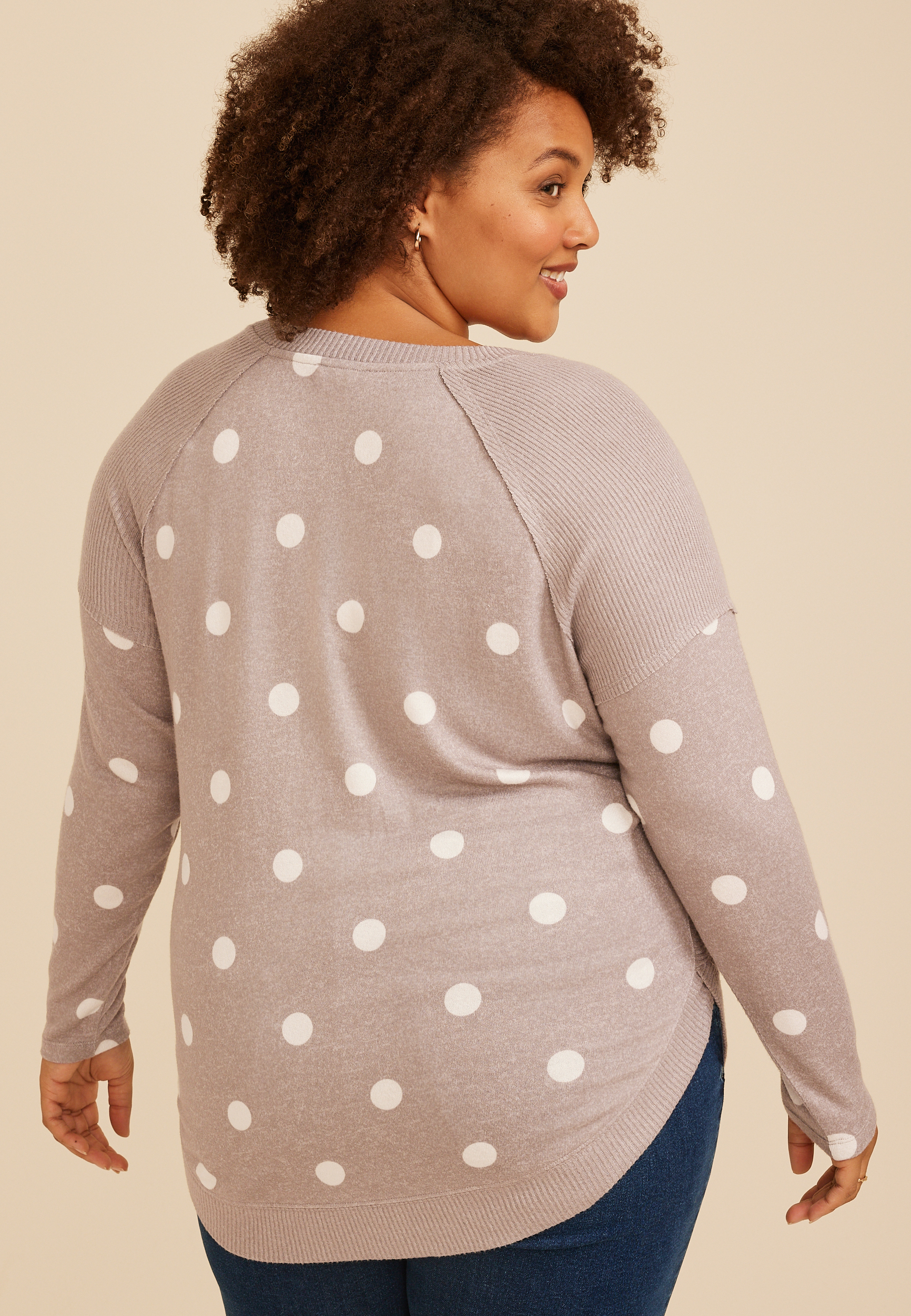 Plus Size Haven Polka Dot Ribbed Trim Hacci Tunic Top, C5222, large