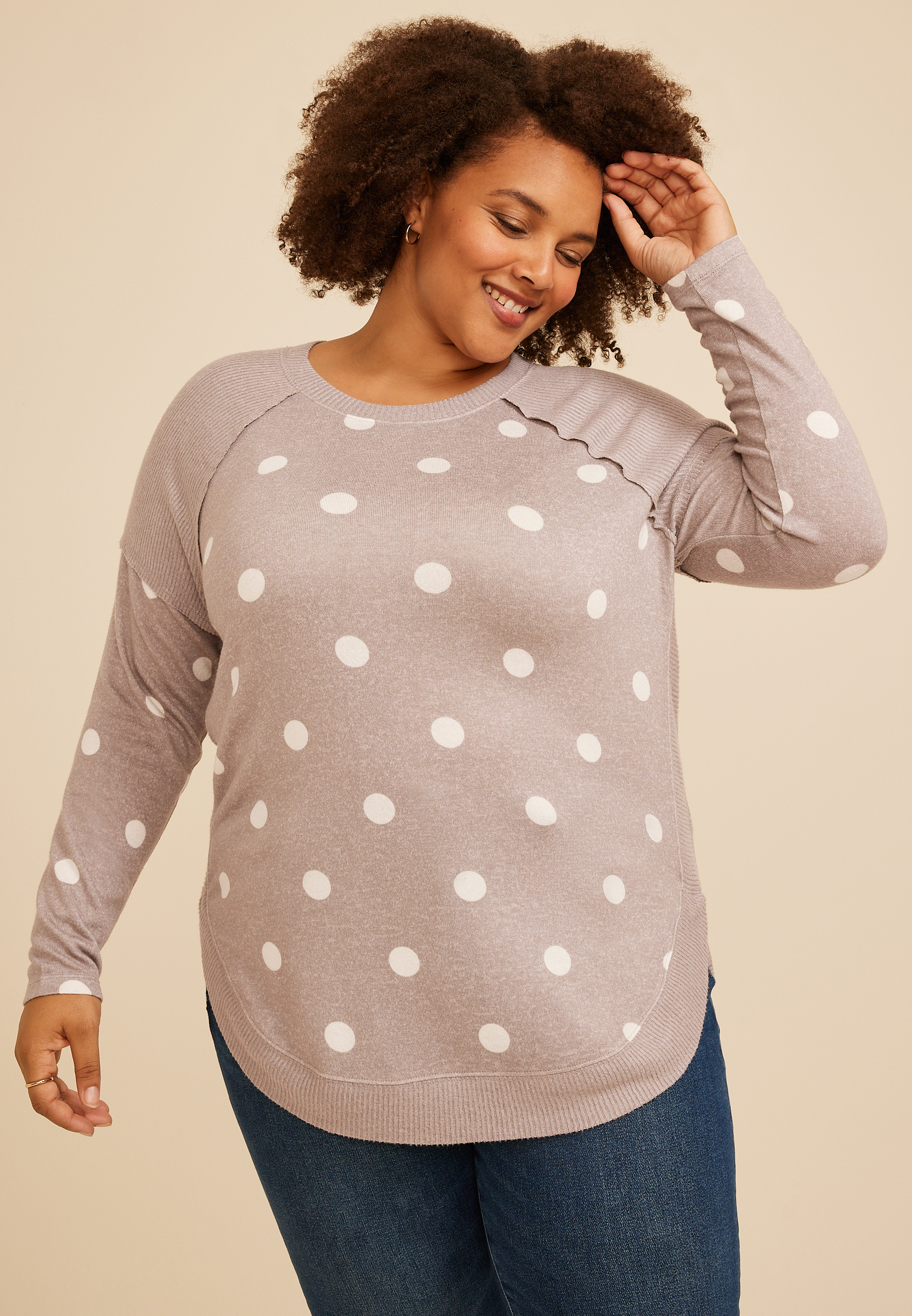 Plus Size Haven Polka Dot Ribbed Trim Hacci Tunic Top, C5222, large