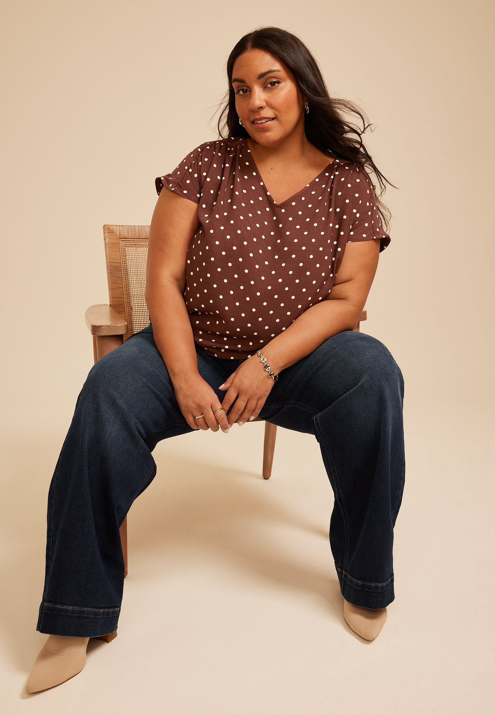 Plus Size Polka Dot Flutter Sleeve Blouse, C6115, large