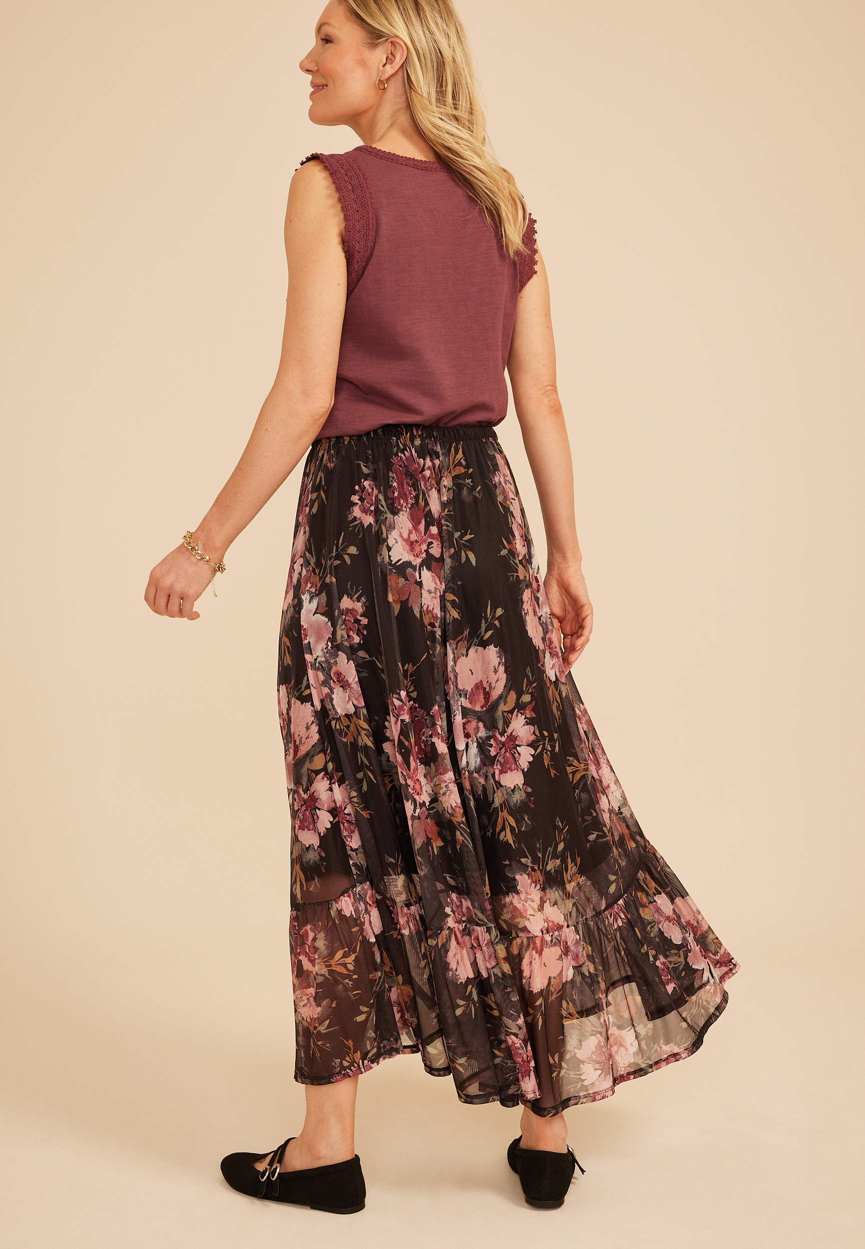 Floral Mesh Maxi Skirt, C9504, large