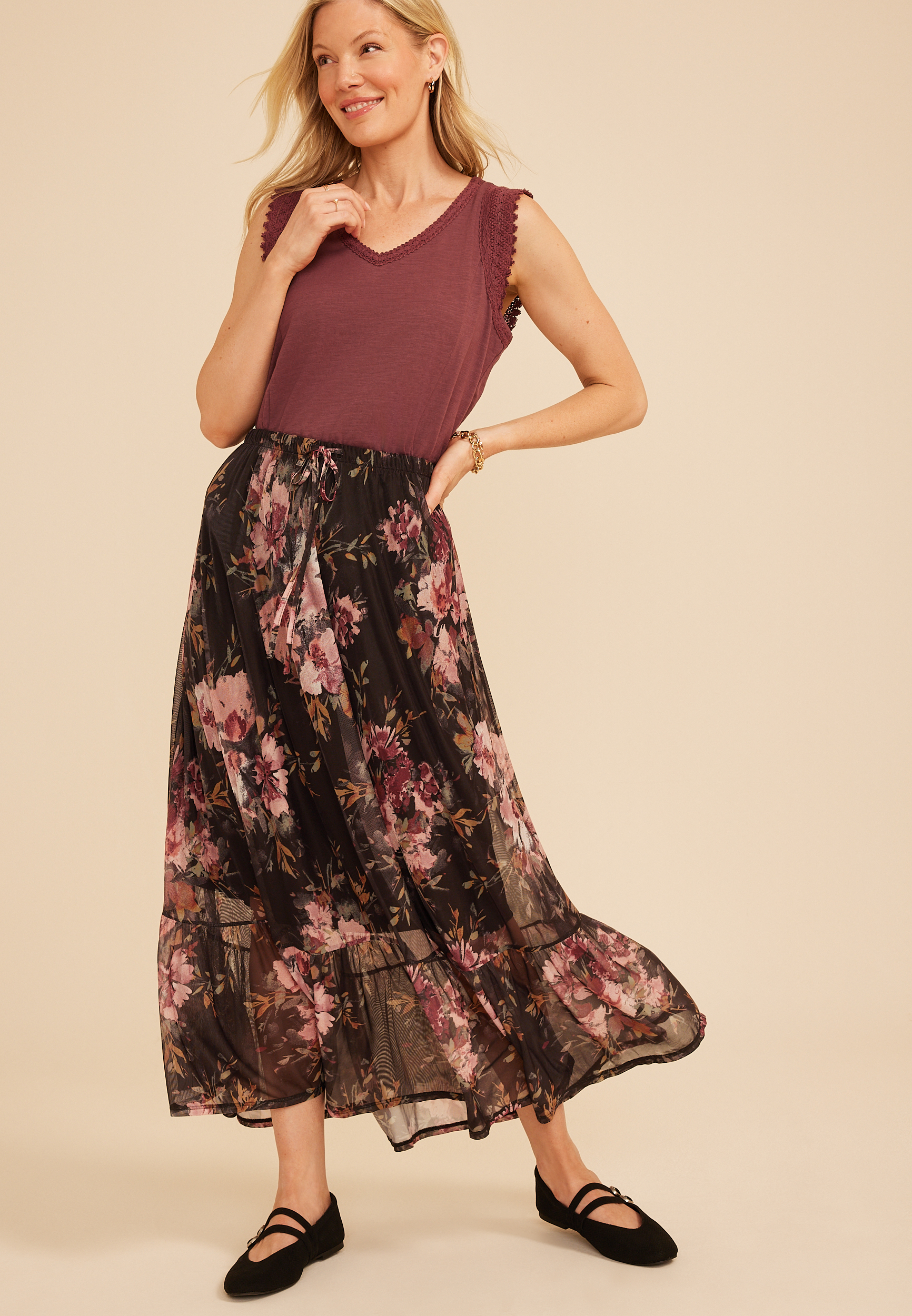 Floral Mesh Maxi Skirt, C9504, large