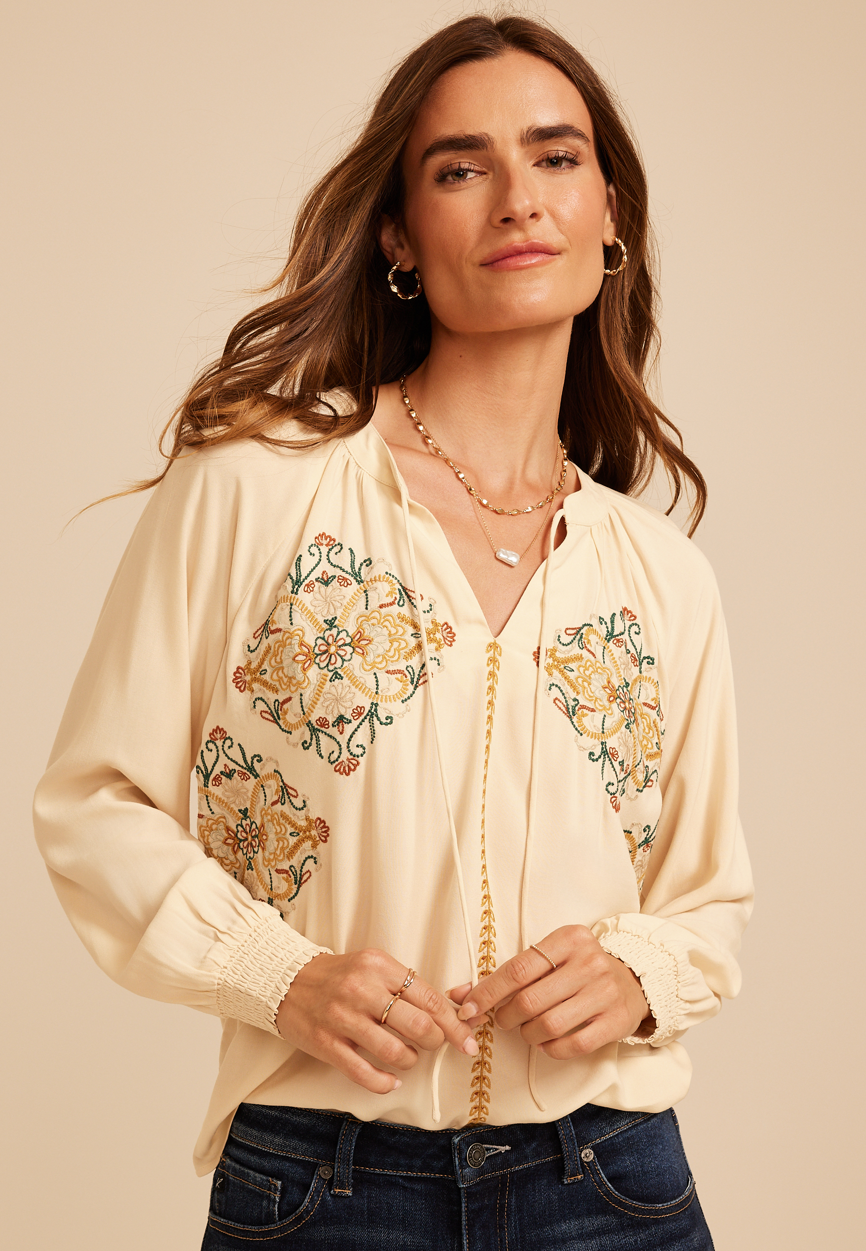 Embroidered Tie Front Peasant Blouse, C1318, large
